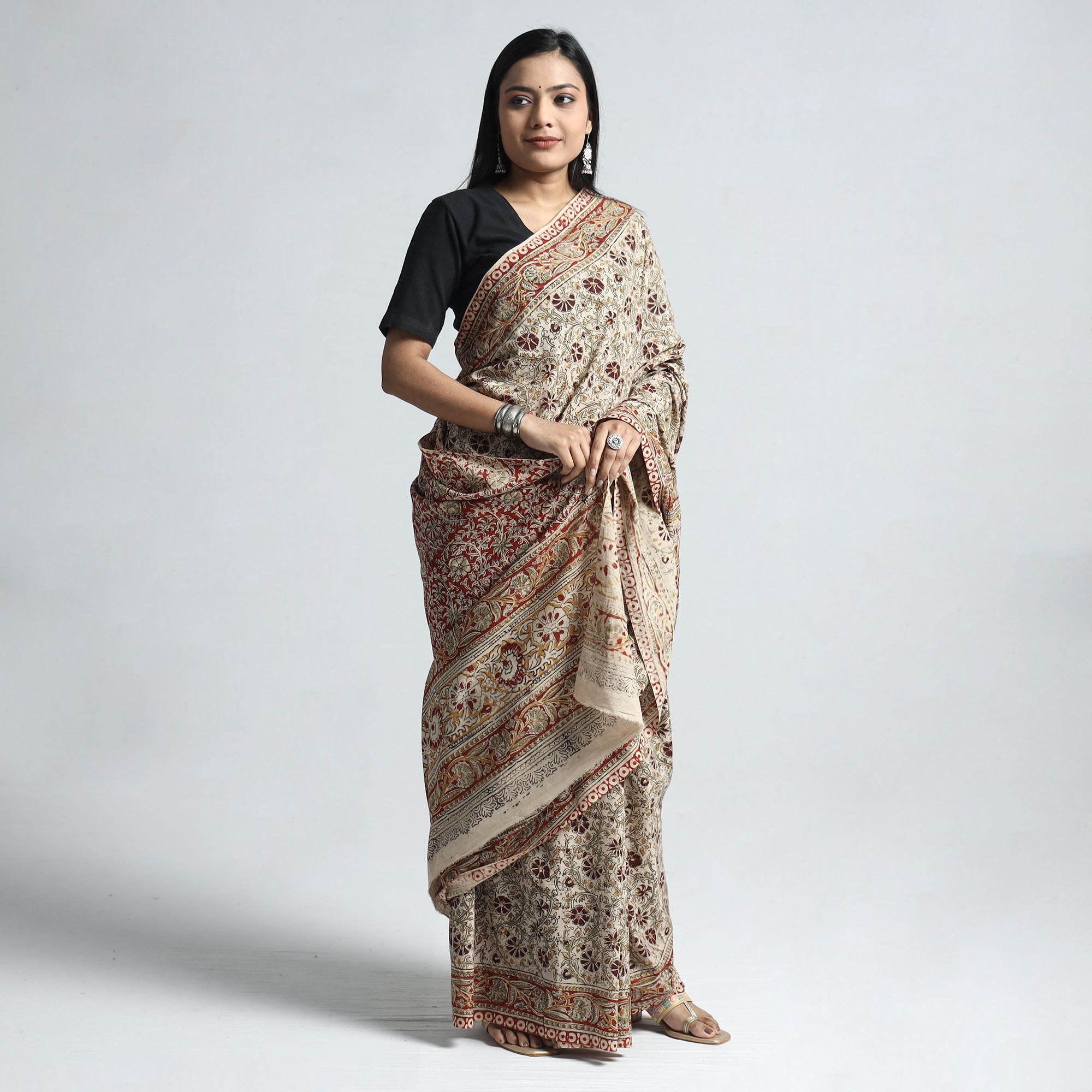 VENKATA BHANU KALAMKARI PEDANA Beige - Pedana Block Print Cotton Kalamkari Saree