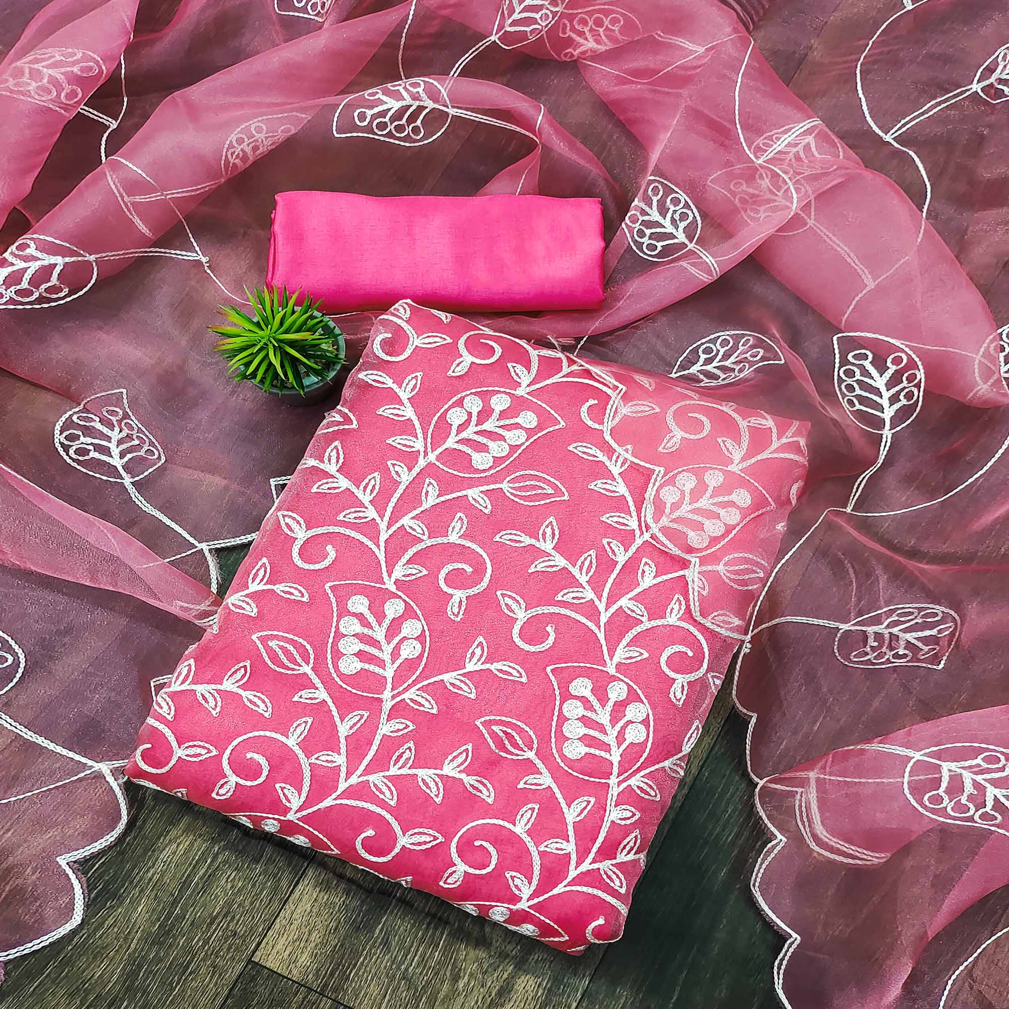 Peachmode Gajri Pink Floral Embroidered Organza Dress Material