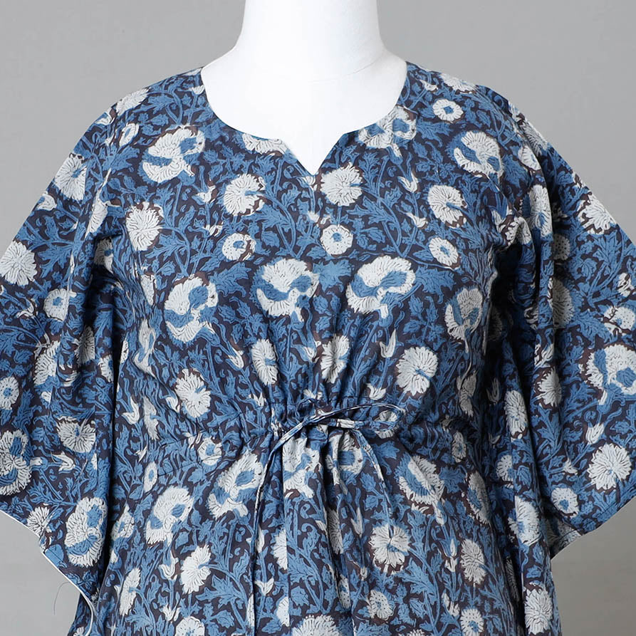 ITOKRI CASUALS Blue - Bagru Block Printed Cotton Kaftan with Tie-Up Waist (Medium) - view 3