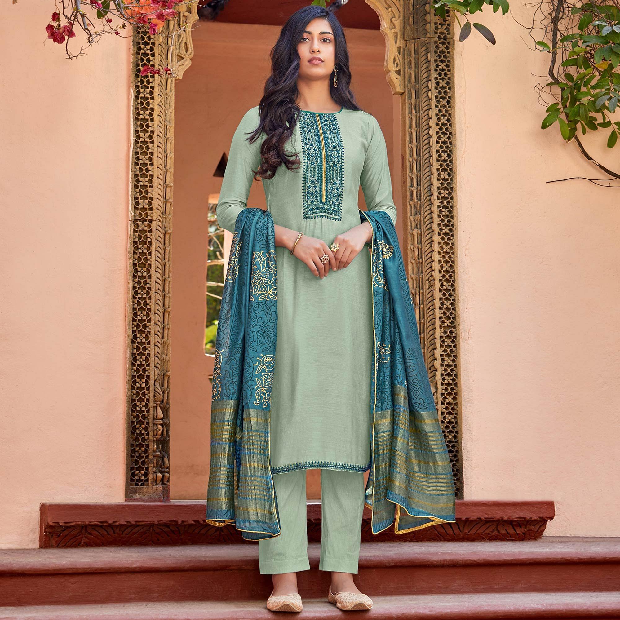 Peachmode Light Blue Festive Wear Embroidered Viscose Cotton Silk Salwar Suit