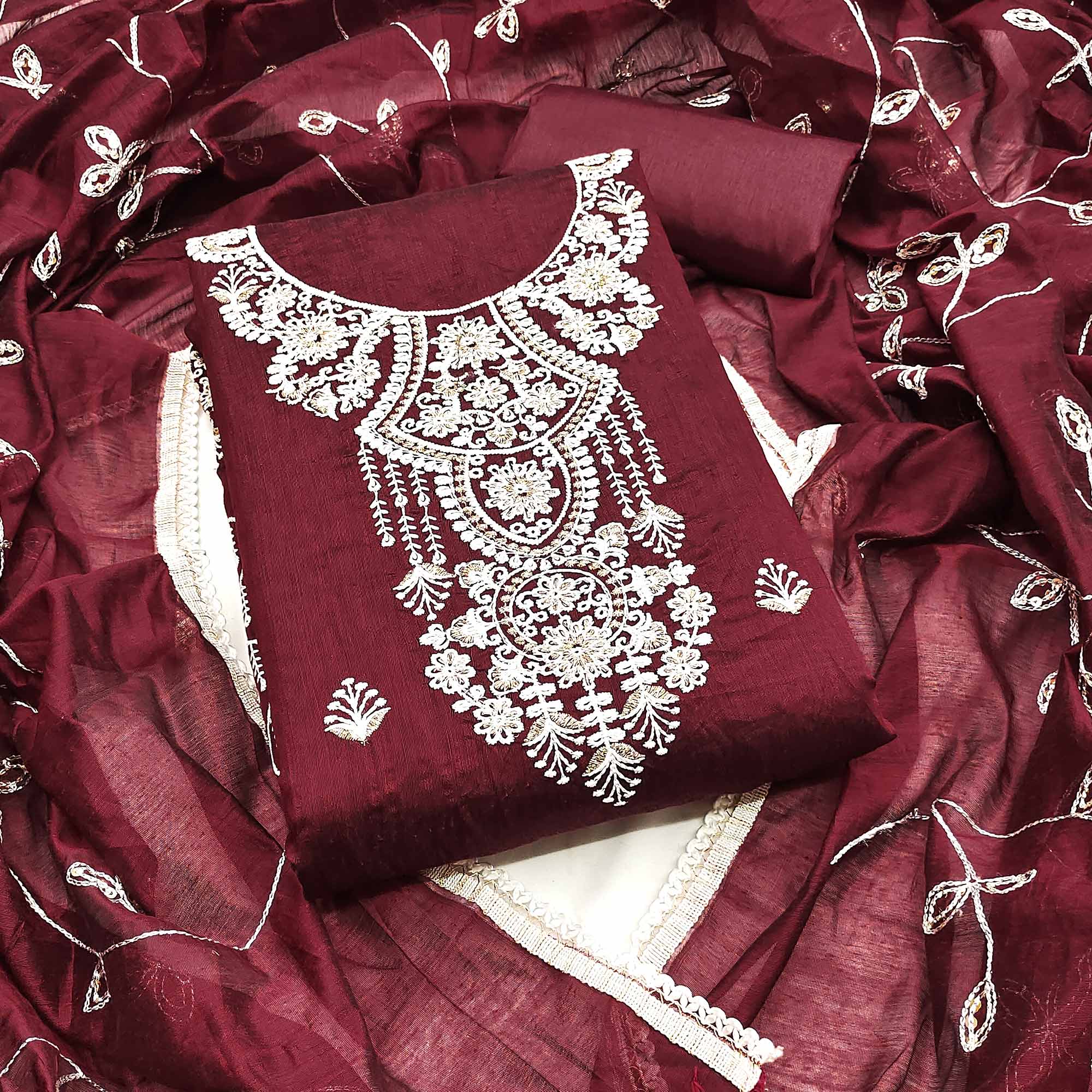 Peachmode Maroon Floral Embroidered Chanderi Dress Material