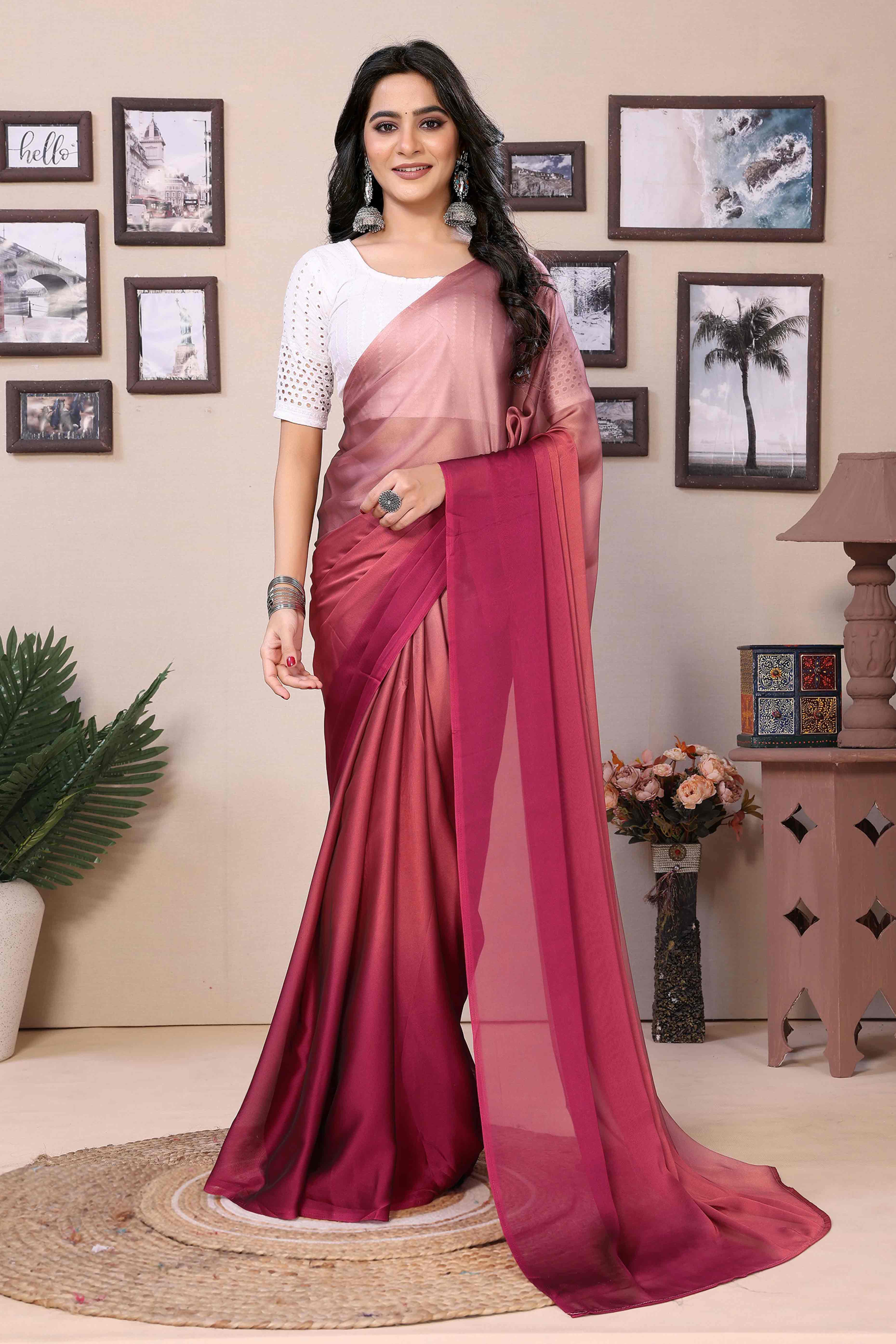 Peachmode Seller Magenta Solid Satin Ready To Wear Ombre Saree