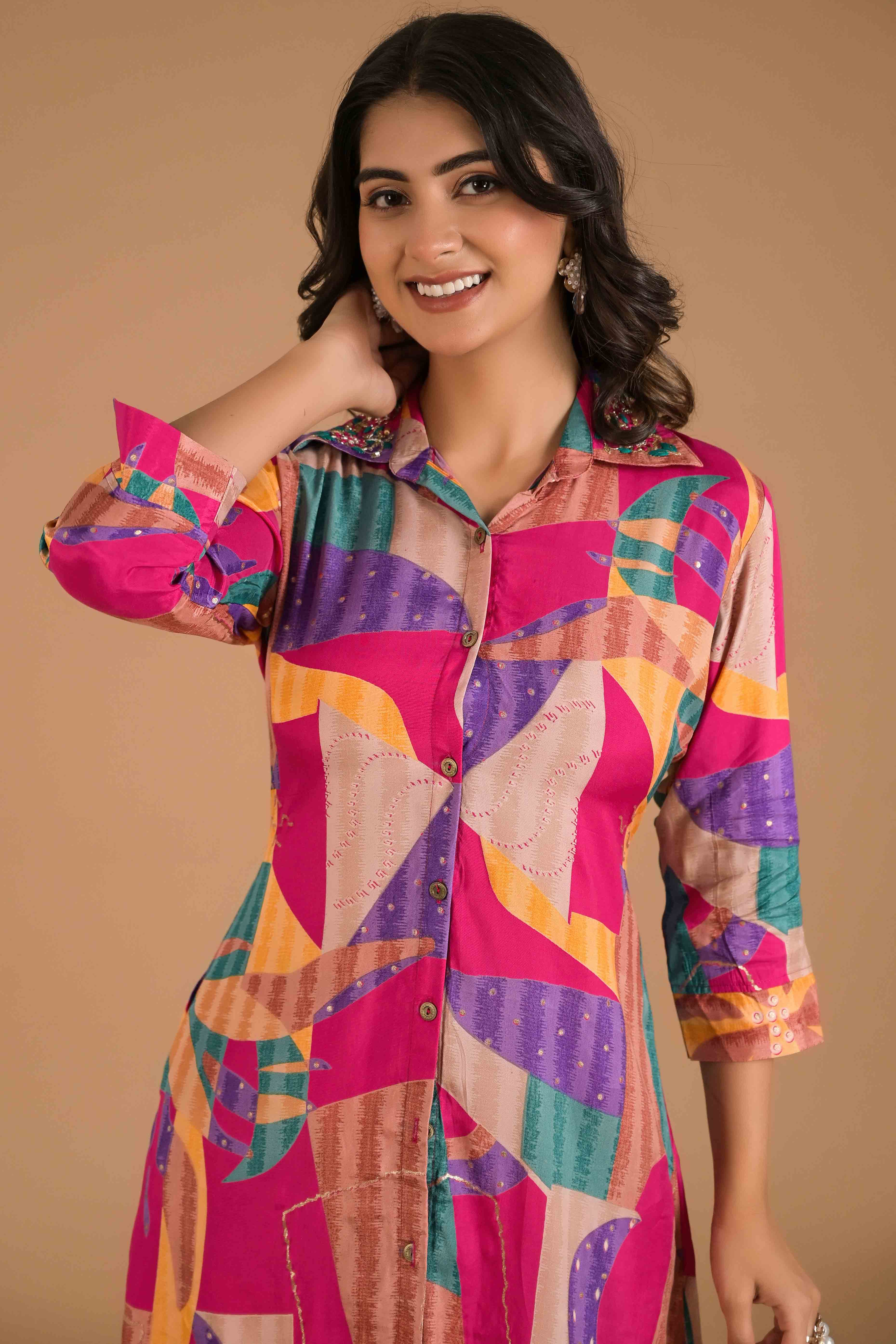 Peachmode Multicolor Abstract Printed Muslin Co-Ord Set - view 2