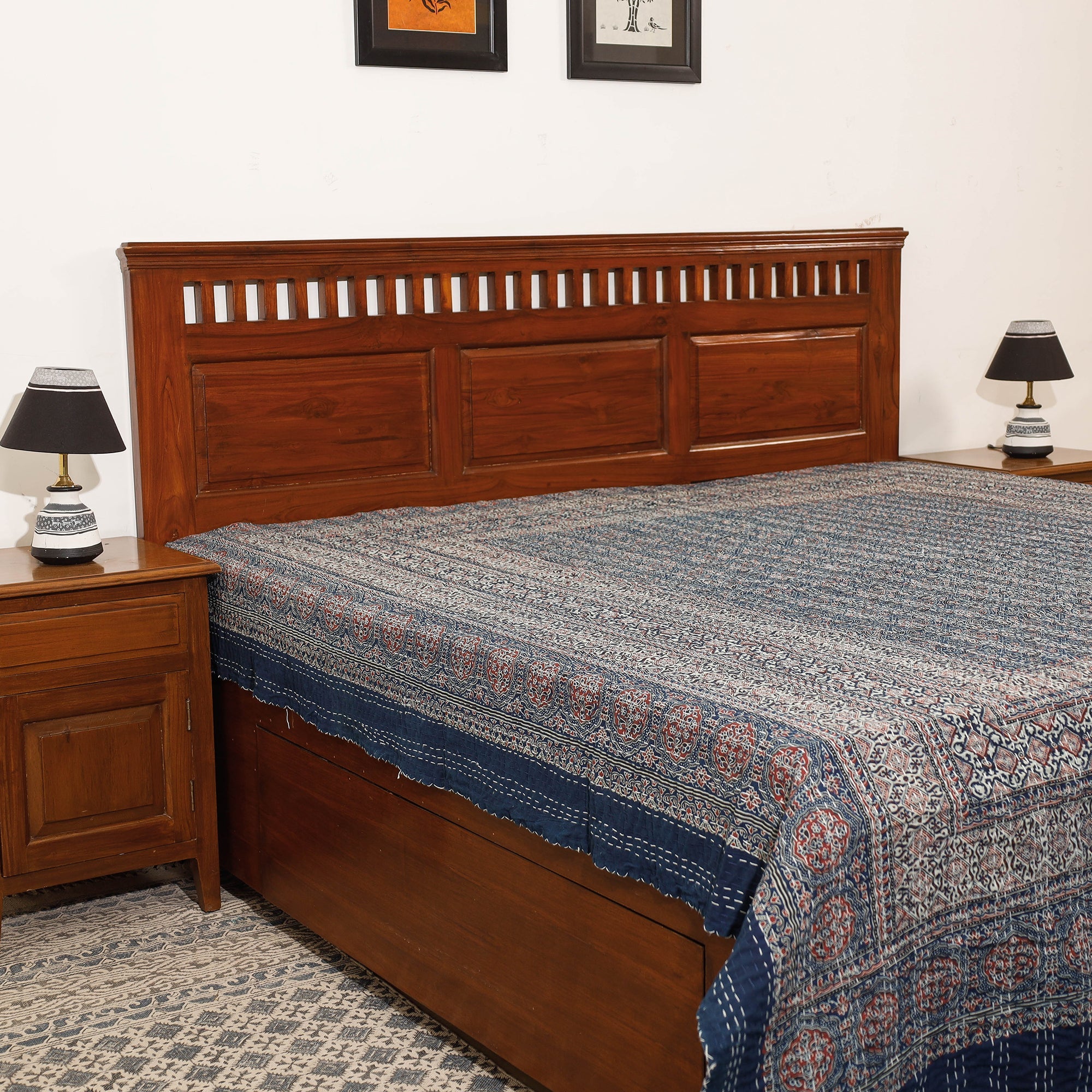 SHADES OF MARUDHARA Blue - Ajrakh Block Printed Kantha Work Cotton Double Bed Cover (105 x 90 in)