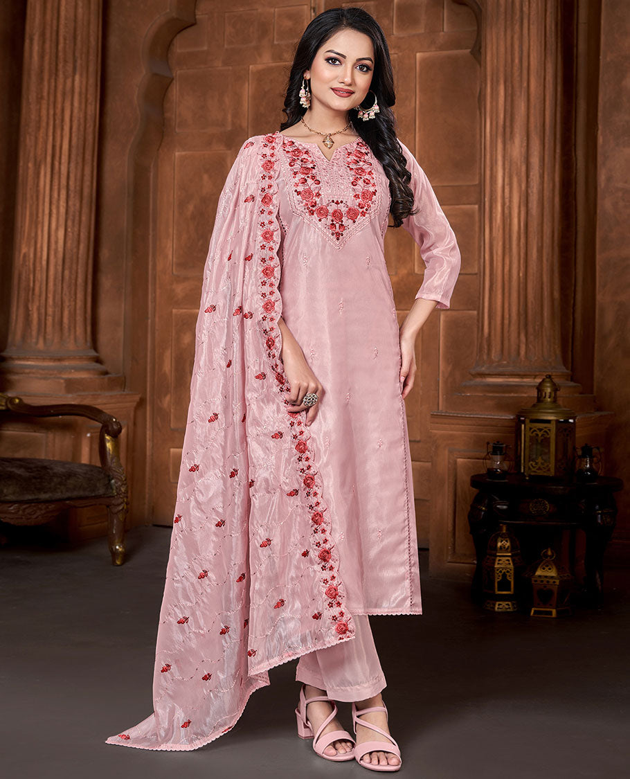 Pothys Pink material churidar set, floral vine embroidery chanderi top, plain bottom & scallop embroidery chiffon dupatta