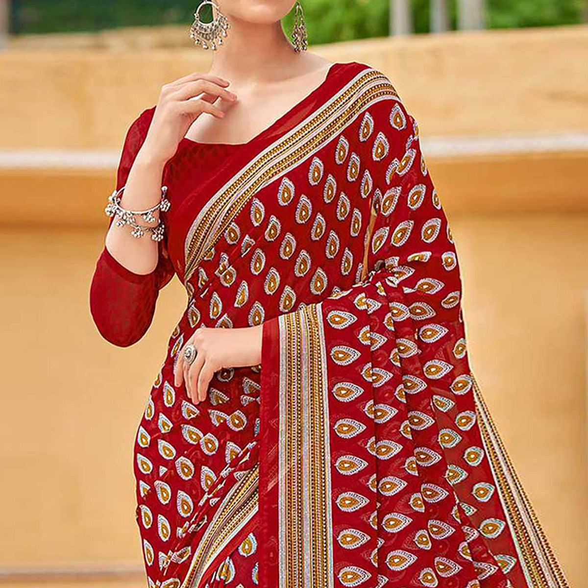 Peachmode Dark Red Printed Georgette Saree – Women's - view 2