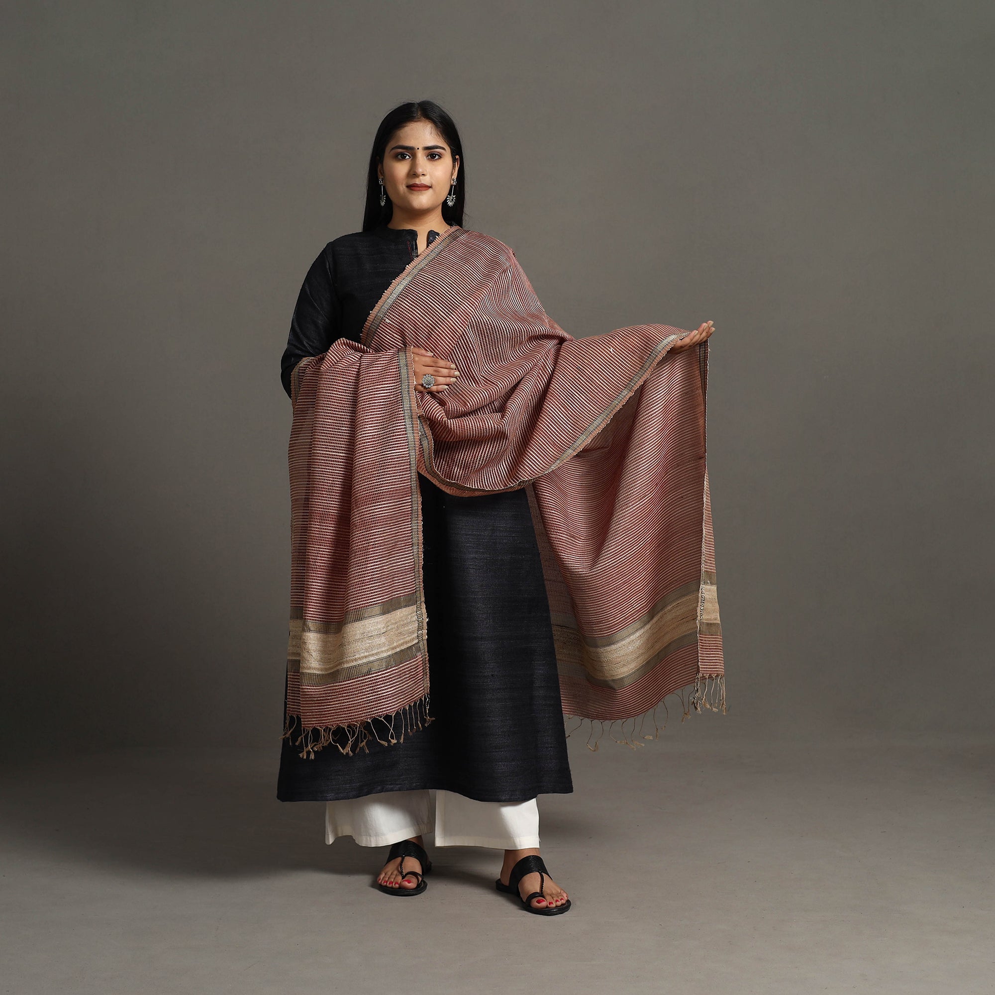 ITOKRI CRAFTS INITIATIVE Brown - Handloom Silk Cotton Checks Maheshwari Dupatta 33