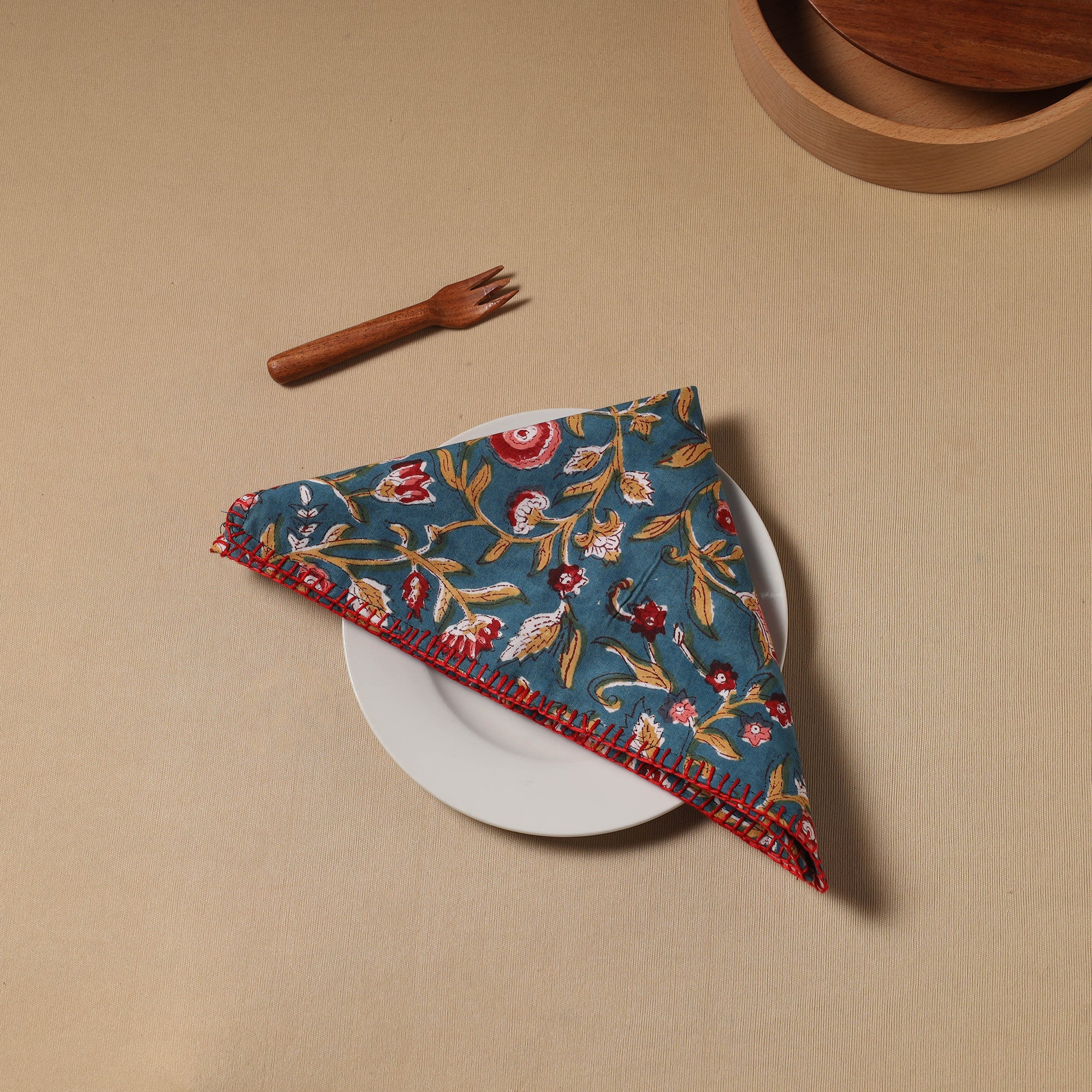 NOORI BAZAR Blue - Floral Block Print Cotton Hand Embroidery Table Napkin 05