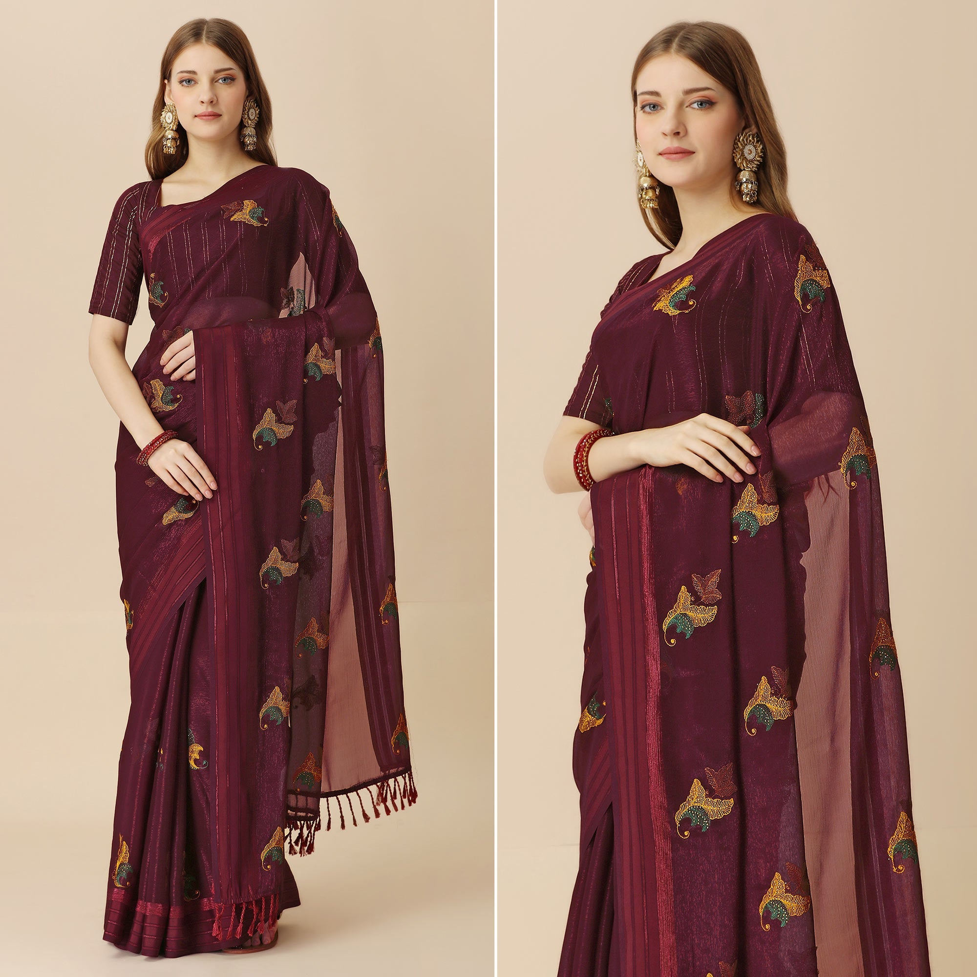 Peachmode Maroon Floral Embroidered Chiffon Saree With With Tassels