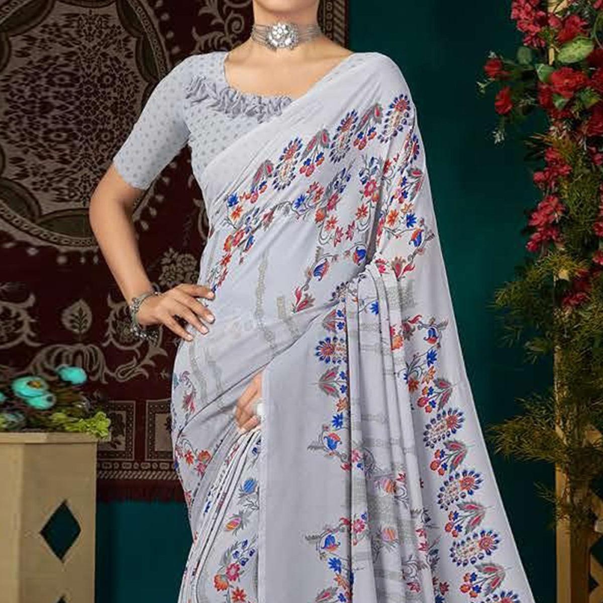 Peachmode Light Blue Casual Wear Floral Digital Printed Georgette Saree - view 2