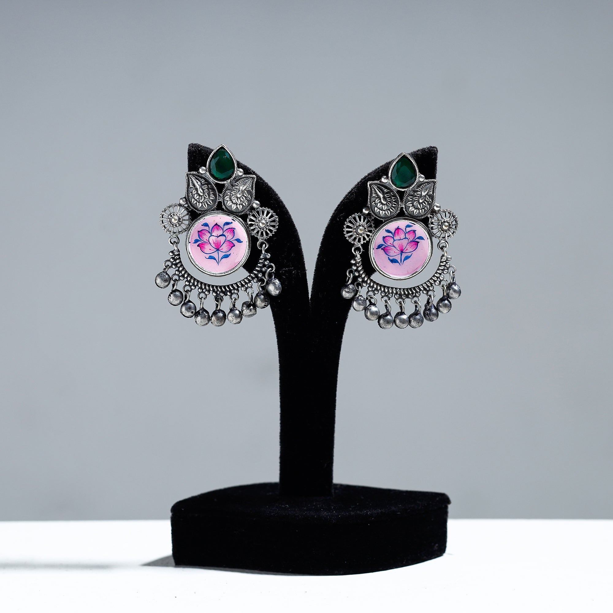 WHITE RIVER STORIES Antique Silver Finish Oxidised Brass Base Enamel & Stone Work Earrings