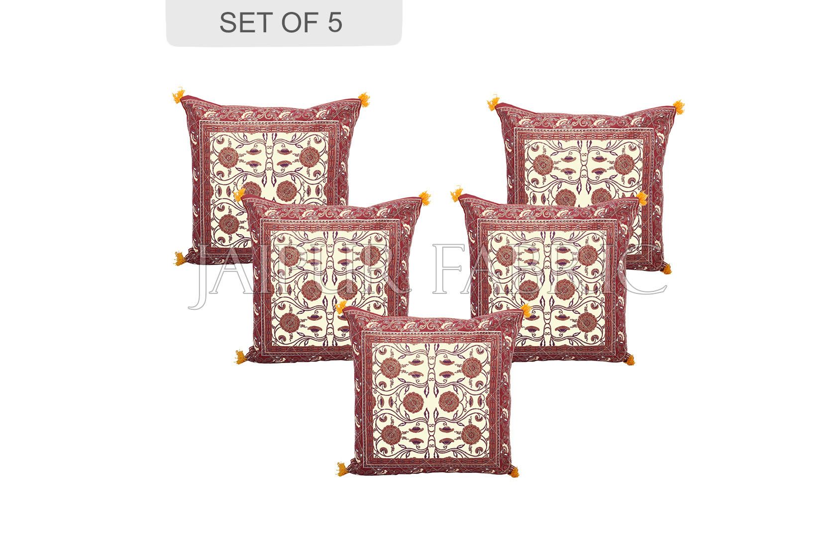 JaipurFabric® Cream Base with Brown Border Tropical Design Cotton Cushion Cover
