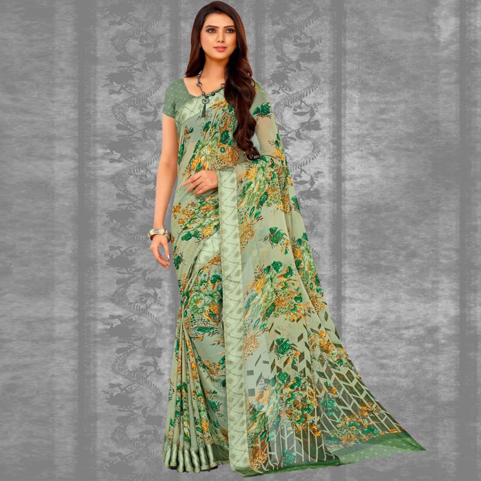 Green sarees – BlackTree green-floral-printed-chiffon-saree-2
