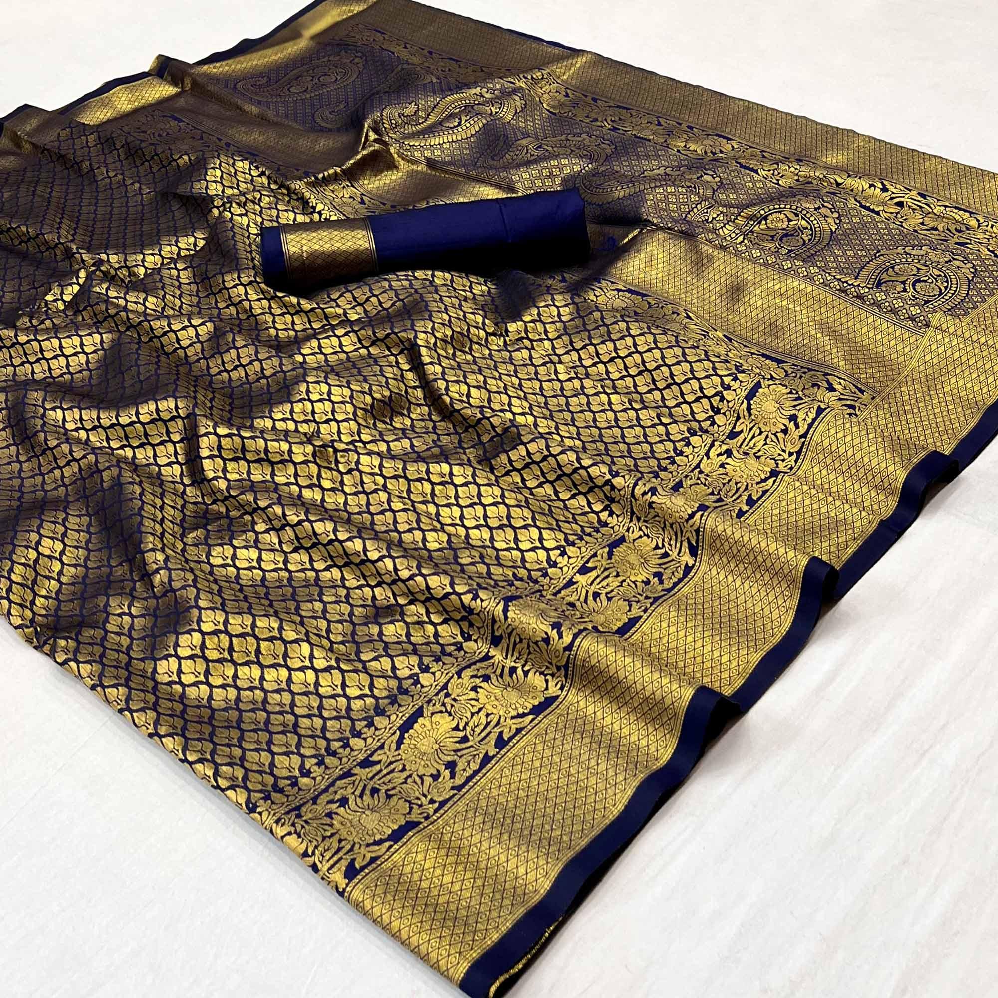 Peachmode Blue Woven Jacquard Saree – Women's
