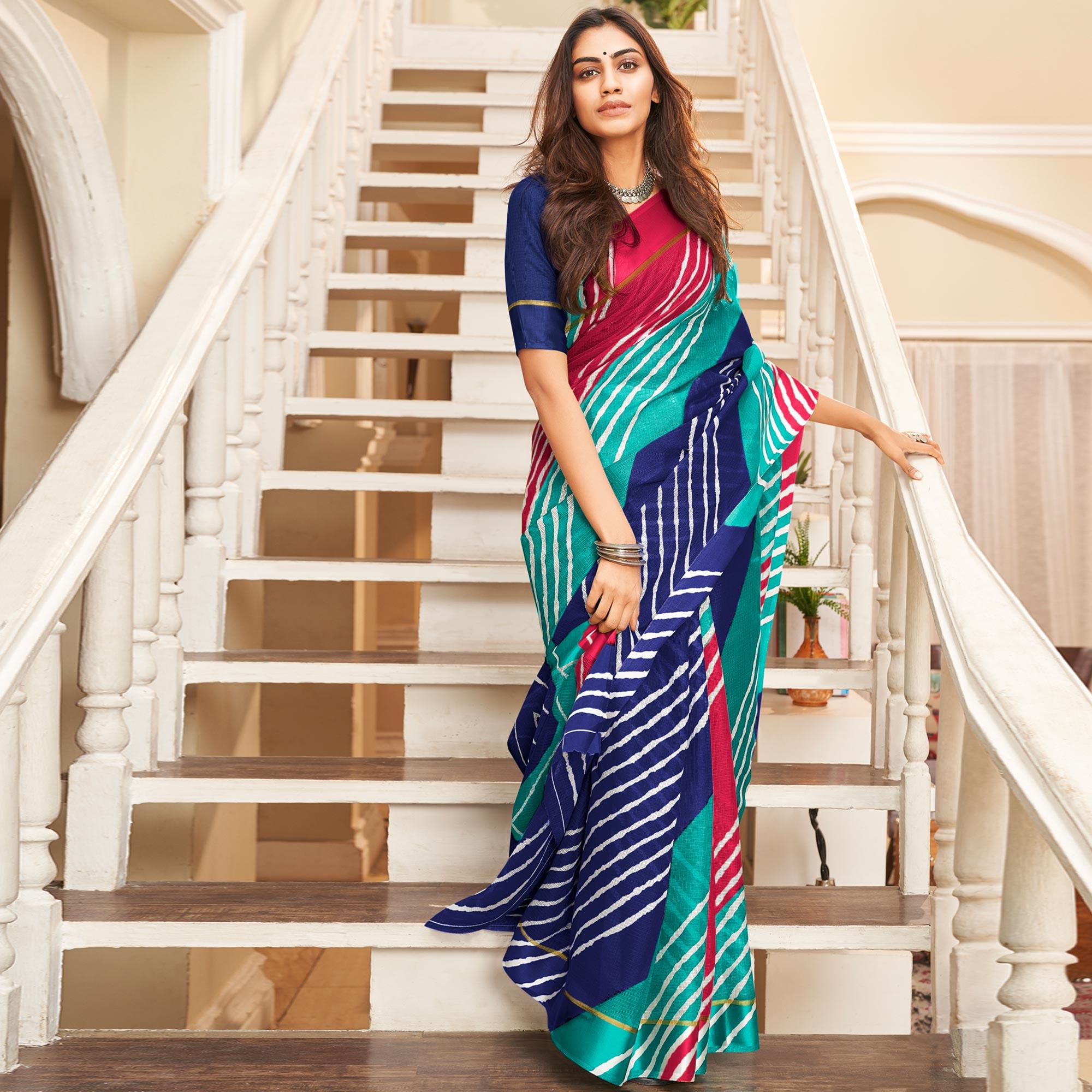 Peachmode Blue Striped Printed Kota Doria Saree