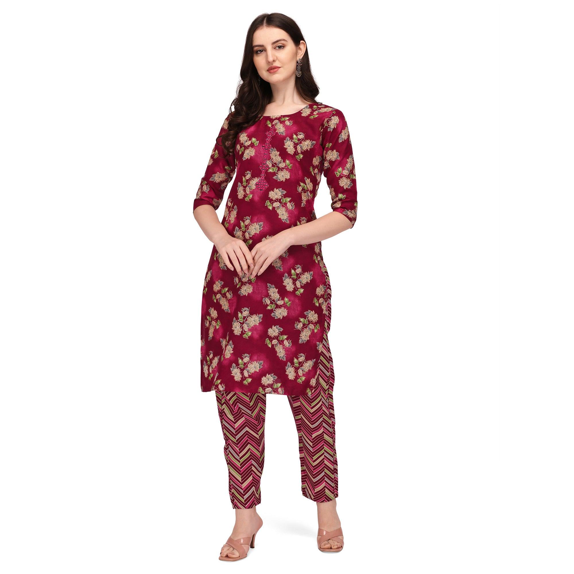 Peachmode Seller Maroon Floral Printed With Embroidered Cotton Blend Kurti Pant Set - view 2