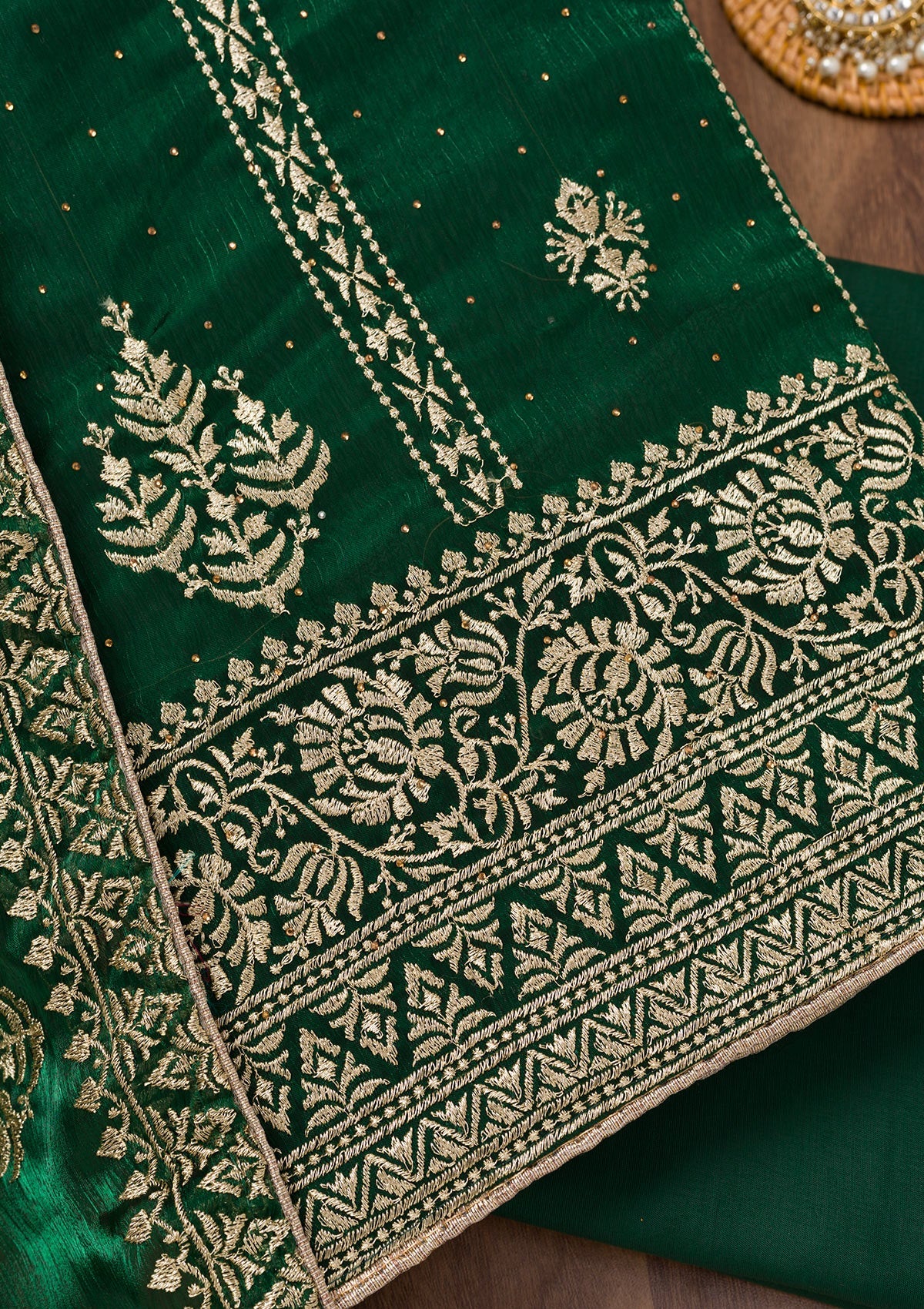 Koskii Bottle Green Zariwork Semi Crepe Unstitched Salwar Suit - view 2