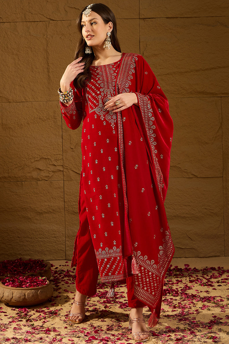 Ahika Red Velvet Ethnic Motifs Printed Straight Trousers Suit Set PKSKD2882 - view 3