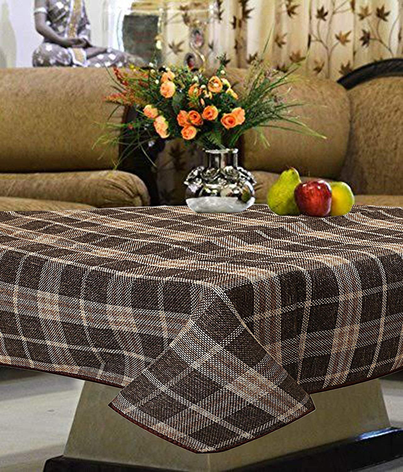 Kuber Industries Checkered Jute 4 Seater Reversible Centre Table Cover - Coffee (CTKTC01197) - view 3