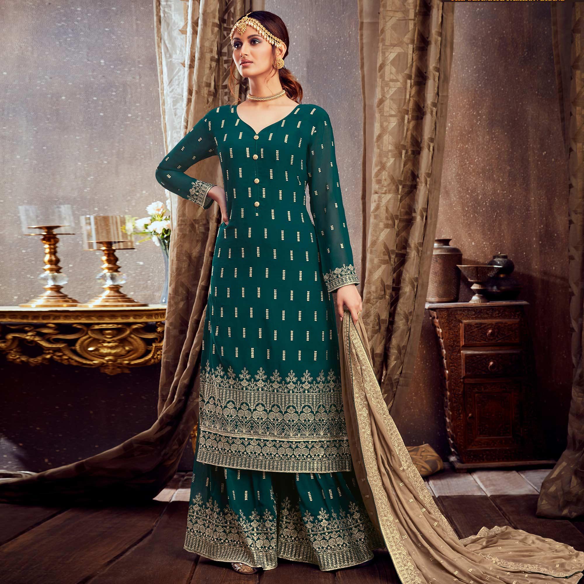 Peachmode Classy Green Colored Partywear Embroidered Pure Georgette Palazzo Suit