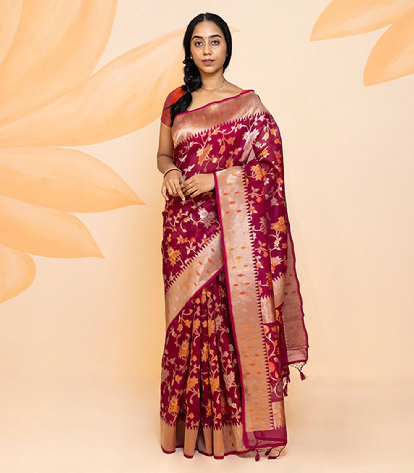 RmKV Pink Handloom Organza Silk Saree With Floral Vine Motifs-Pink