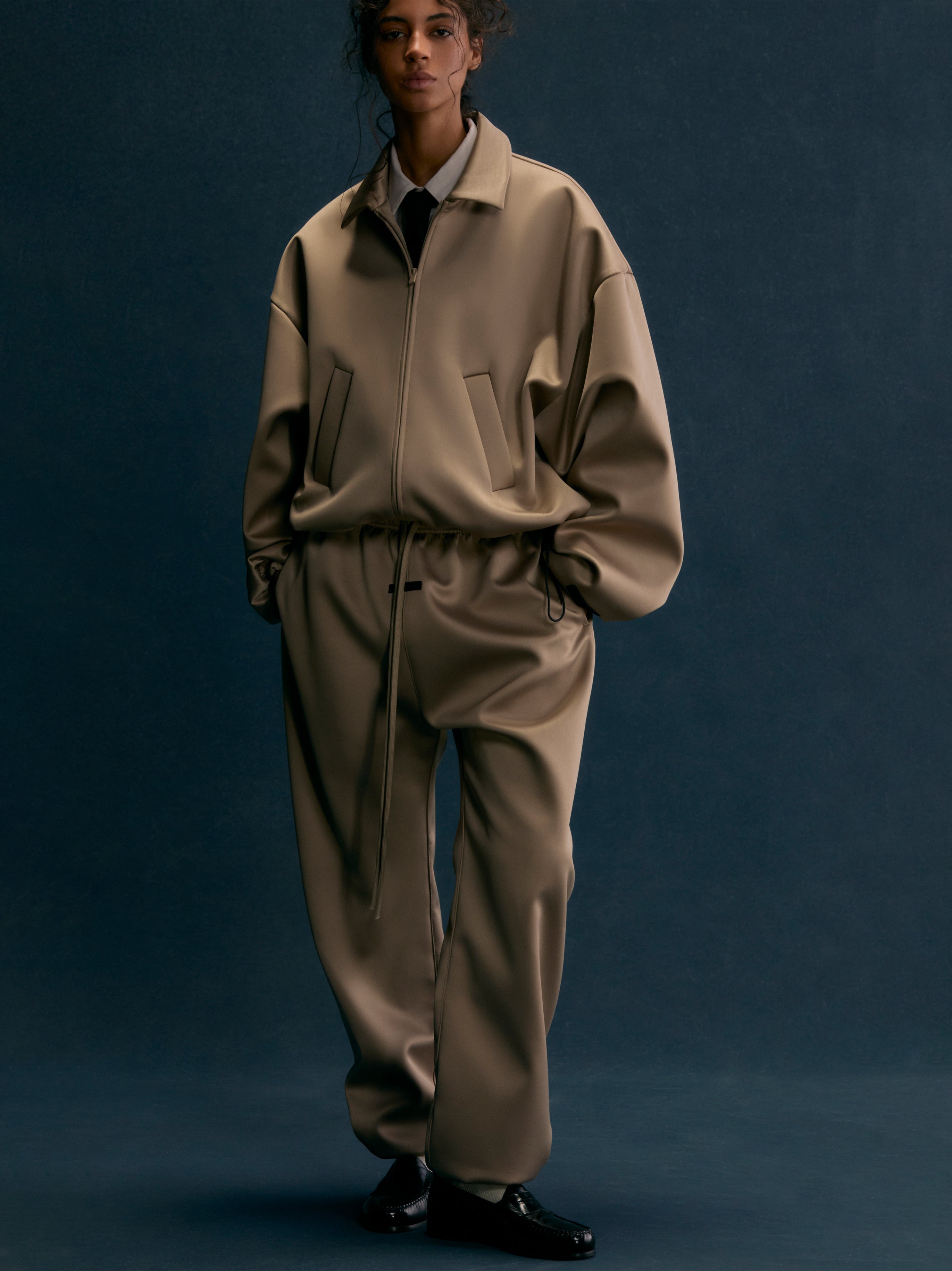 ESSENTIALS Women's Satin Nylon Bomber Jacket – Desert Sand
