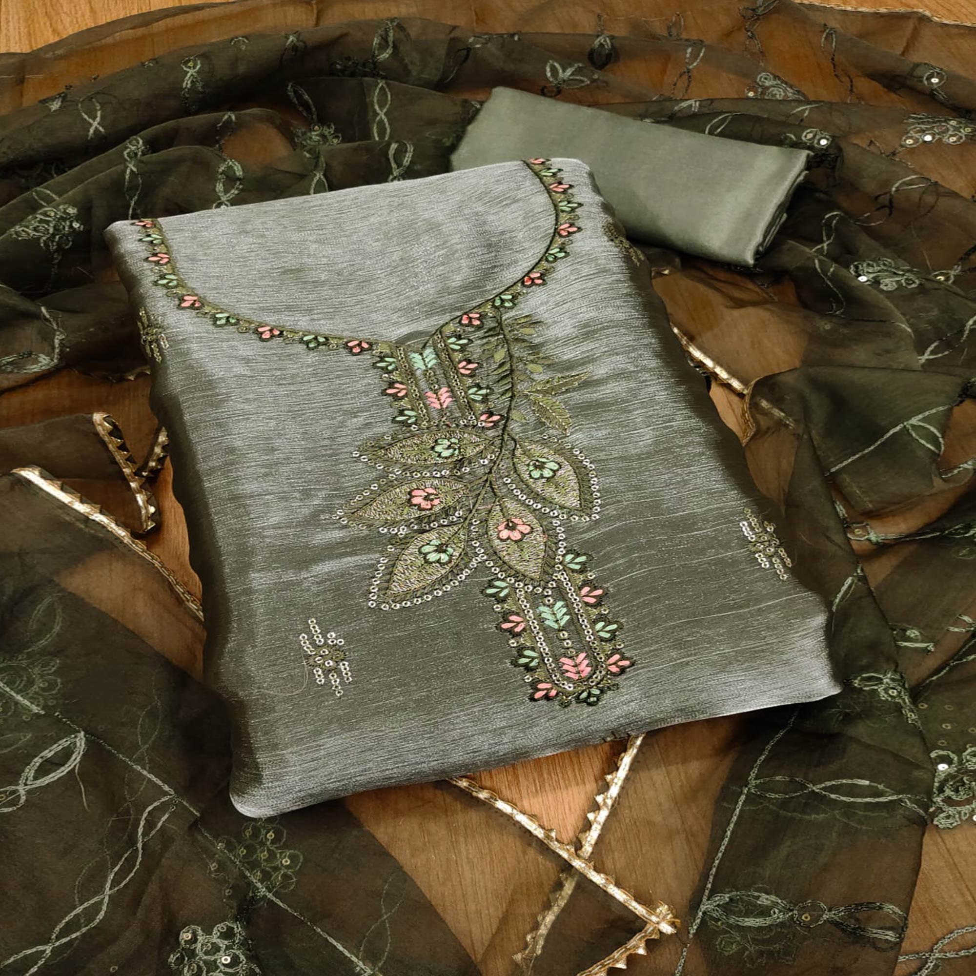 Green sarees – BlackTree green-floral-sequins-embroidered-banarasi-silk-dress-material