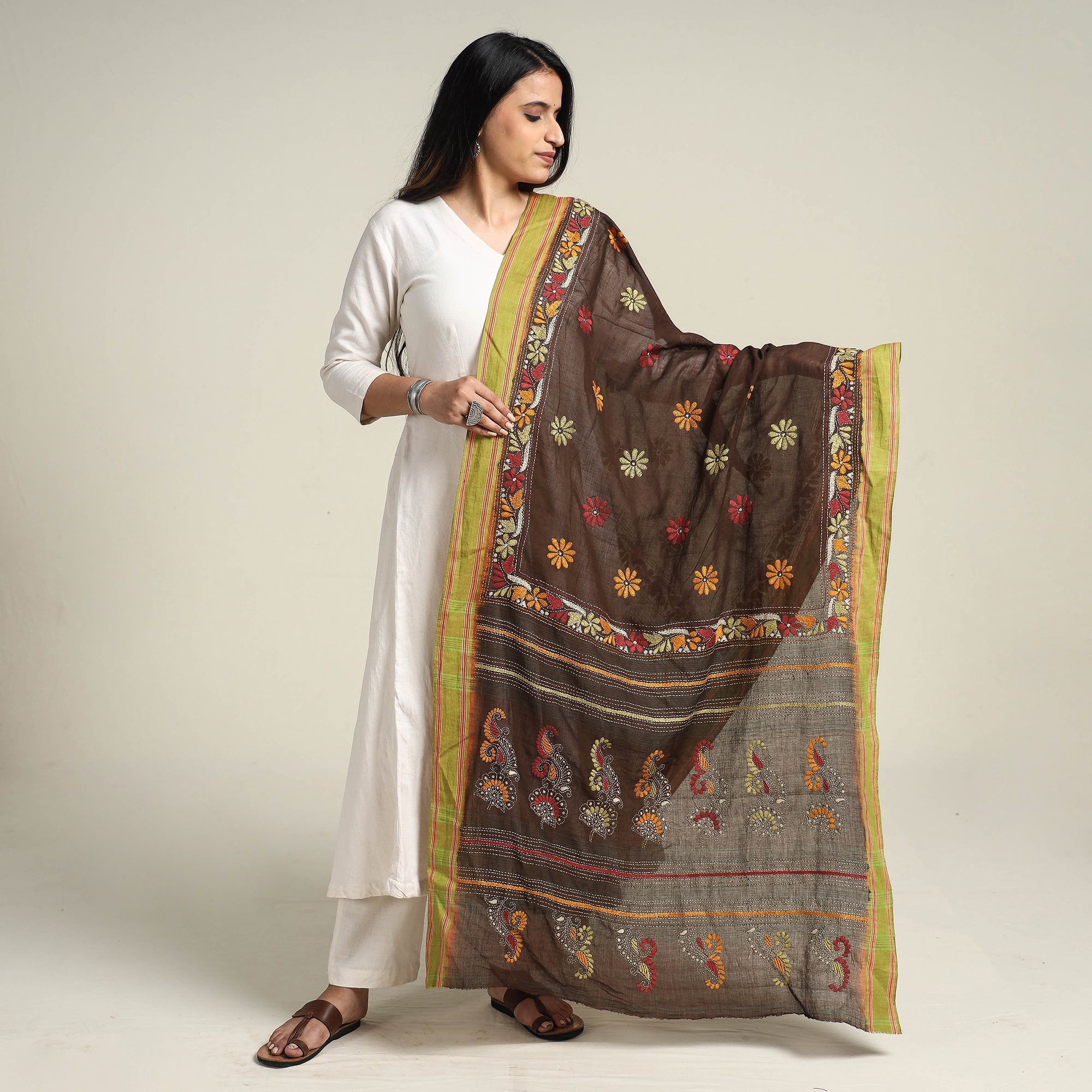 KHUSHBASH - HAPPY LOOM OF EAST Brown - Bengal Kantha Embroidered Cotton Handloom Dupatta