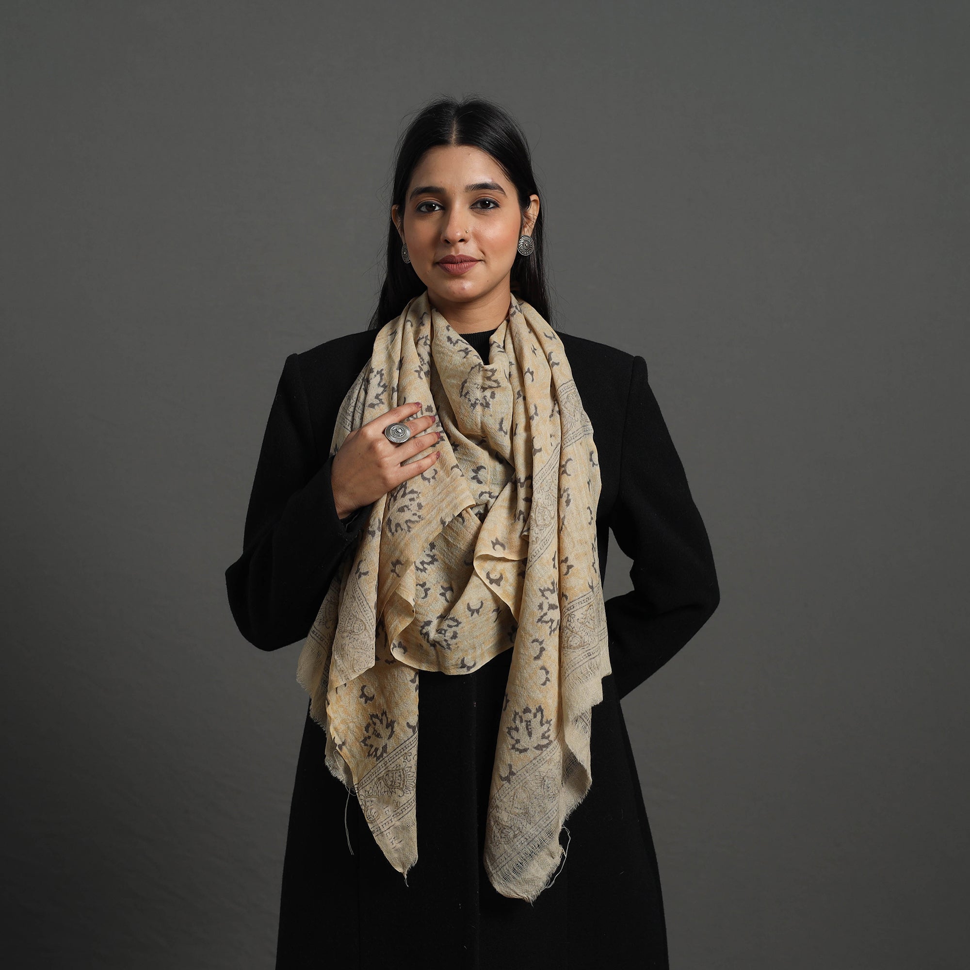 PITCHUKA SRINIVAS KALAMKARI PEDANA Beige - Block Print Pedana Kalamkari Wool Stole 18