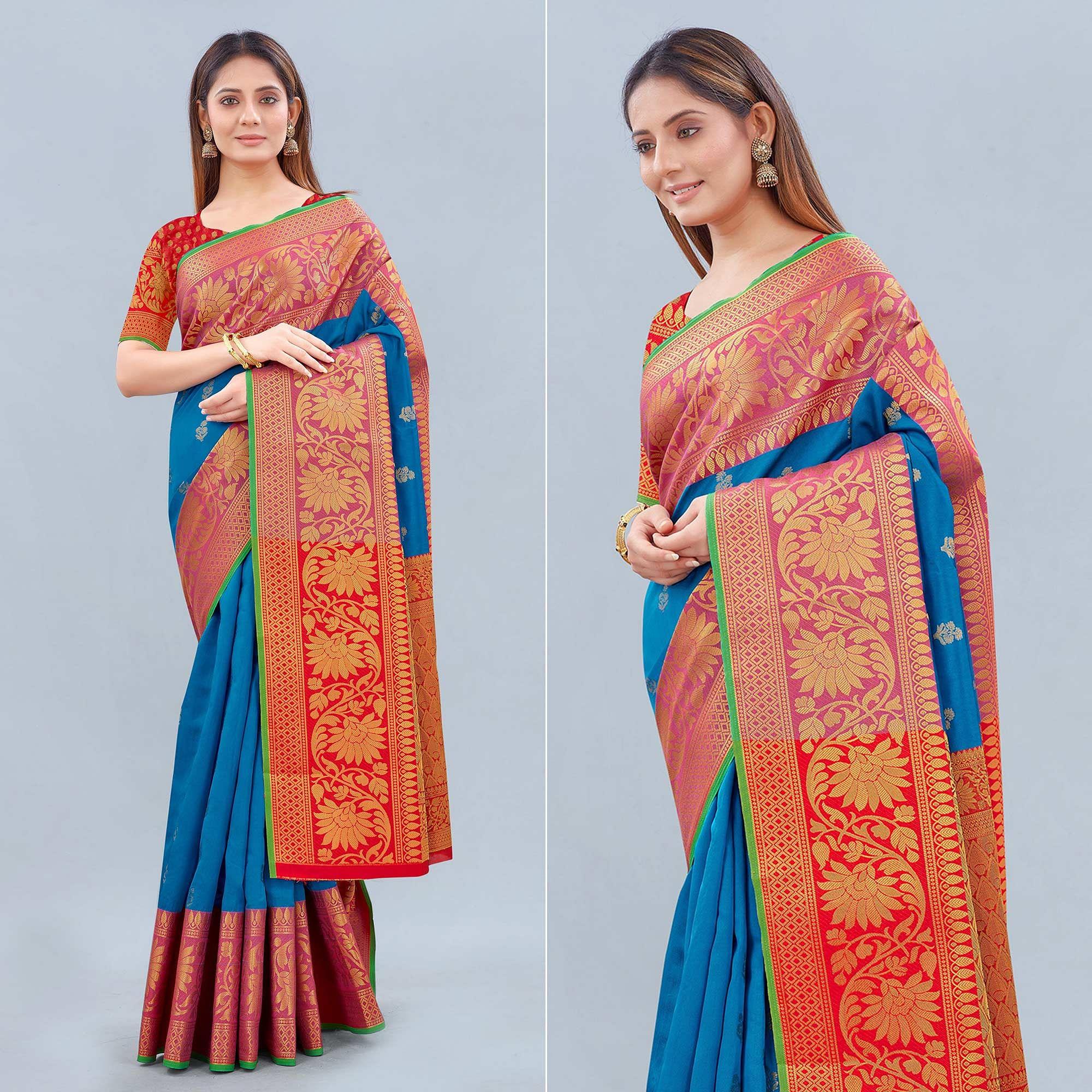 Peachmode Blue Woven Banarasi Silk Saree – Women's