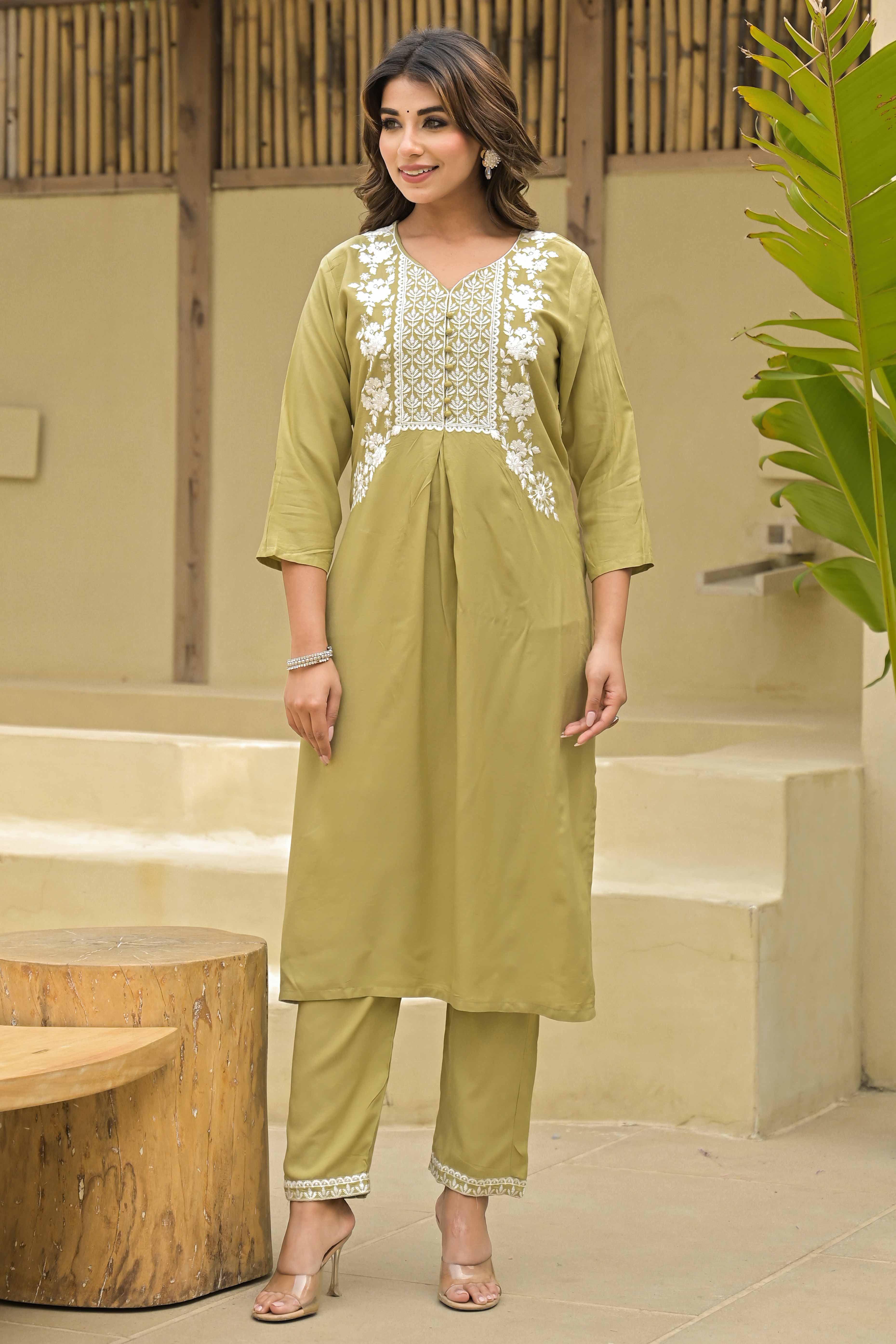 Peachmode Light Chikoo Floral Embroidered Rayon Salwar Suit - view 6