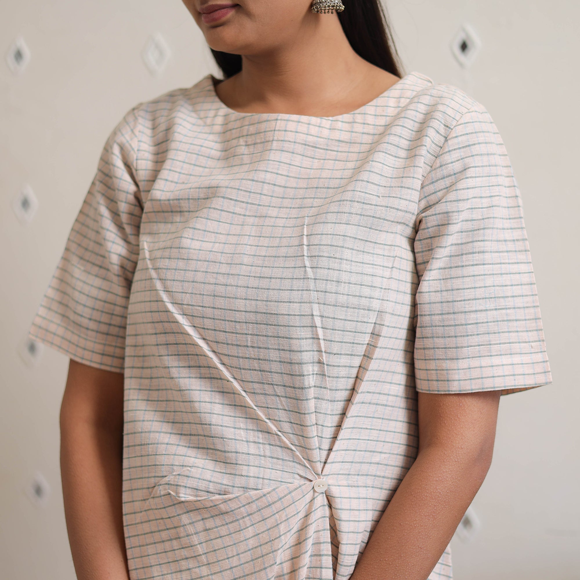 CREYO Beige - Handwoven Front Tuck Checks Cotton Kurta 30 - view 5