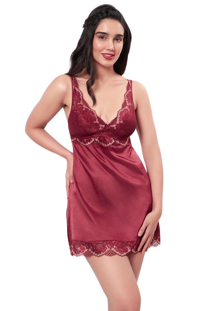 Amante Eternal Bliss Satin Lace Babydoll - Red Berry