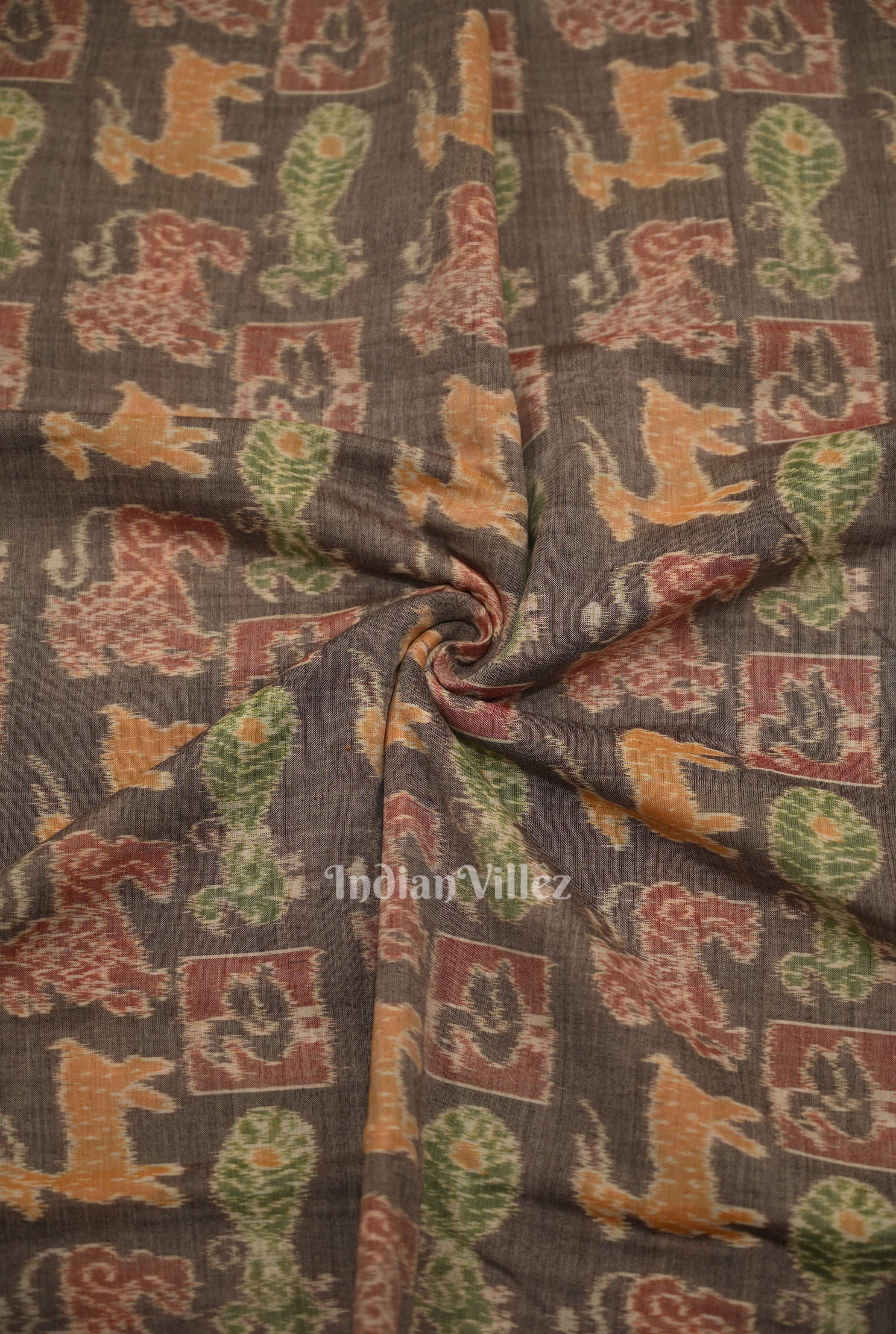 IndianVillèz Cement Gray Jungle Theme Sambalpuri Odisha Ikat Cotton Fabric
