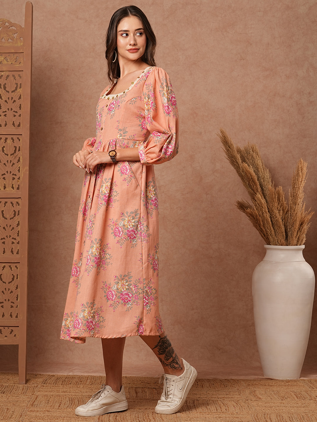 Fashor Floral Foil Printed A-Line Pleated Midi Dress - Peach - view 4