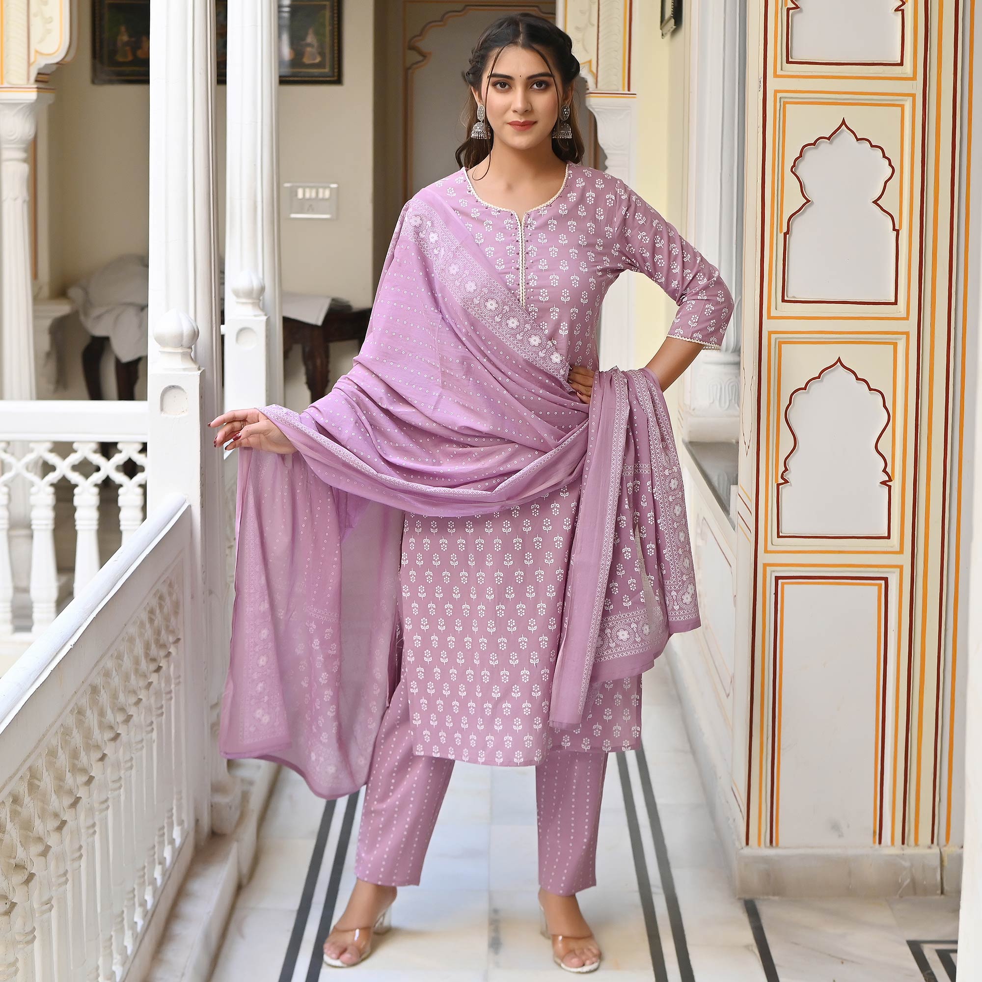 Peachmode Lavender Jaipuri Printed Pure Cotton Salwar Suit - view 2