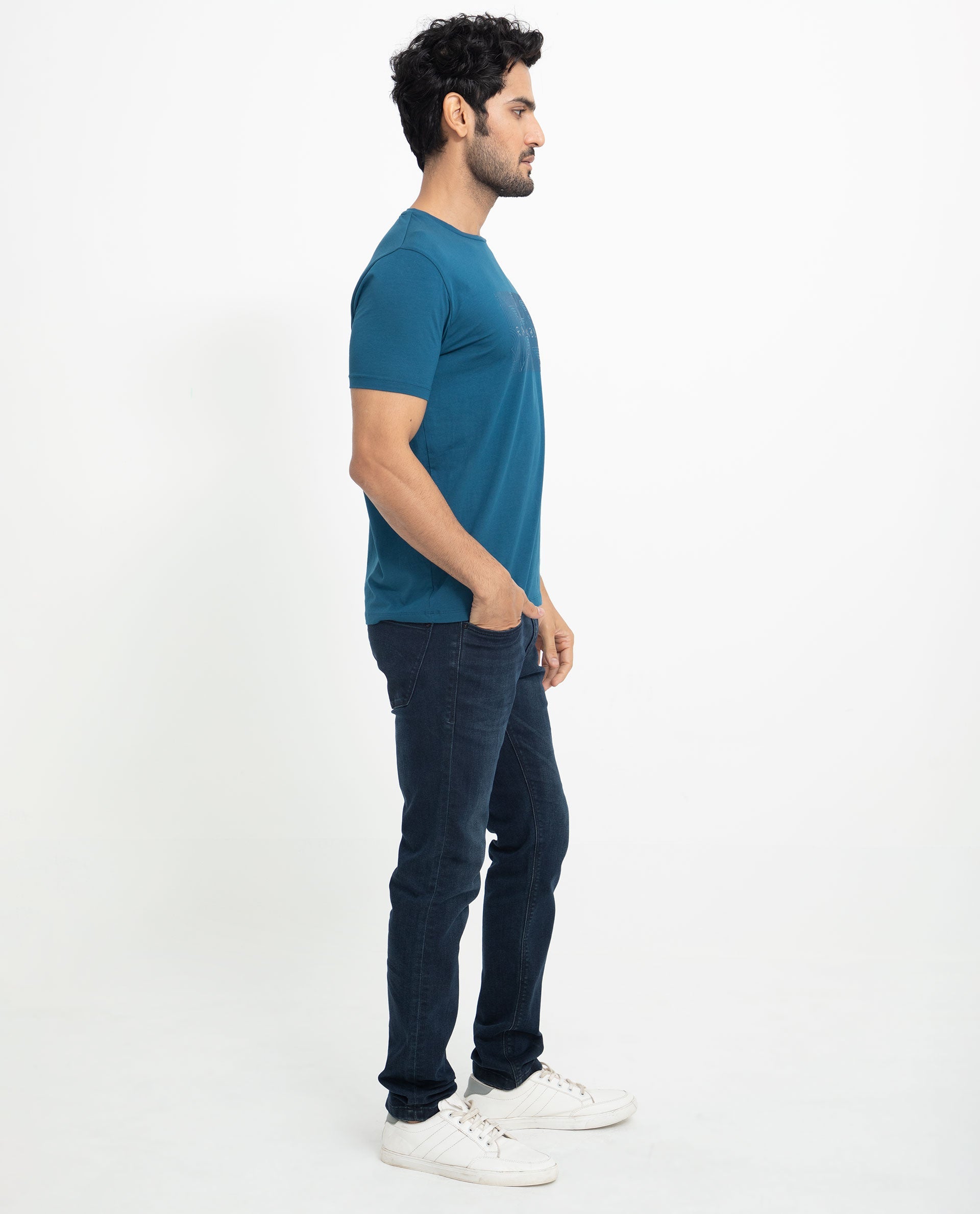 Rare Rabbit Men's Alanet Teal Crew Neck Foil HD Print Branding Half Sleeves Regular Fit T-Shirt - view 10