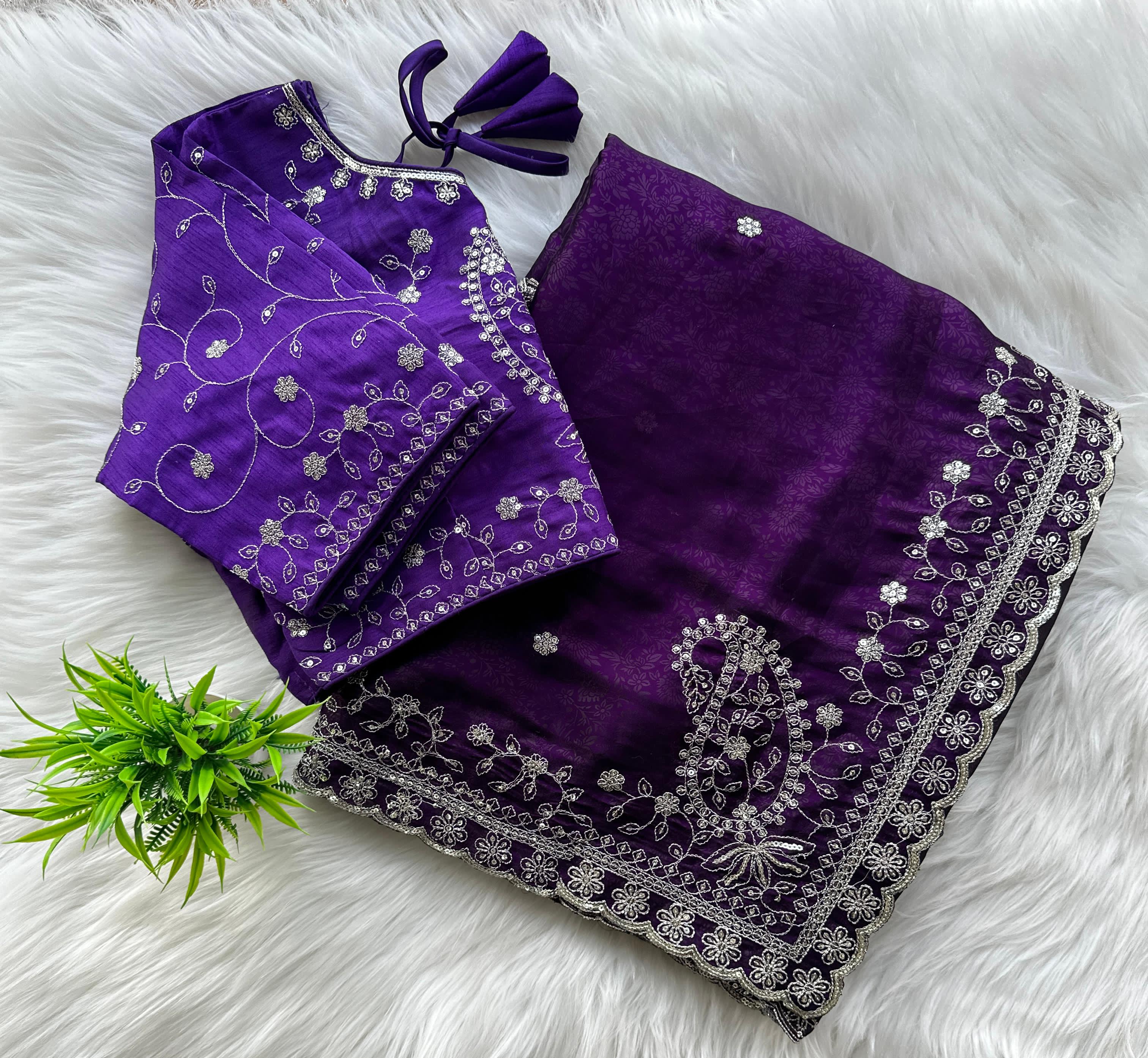 ClothsVilla Dark Purple Soft Silk Saree with Elegant Rubber Weaving & Heavy Embroidery Work