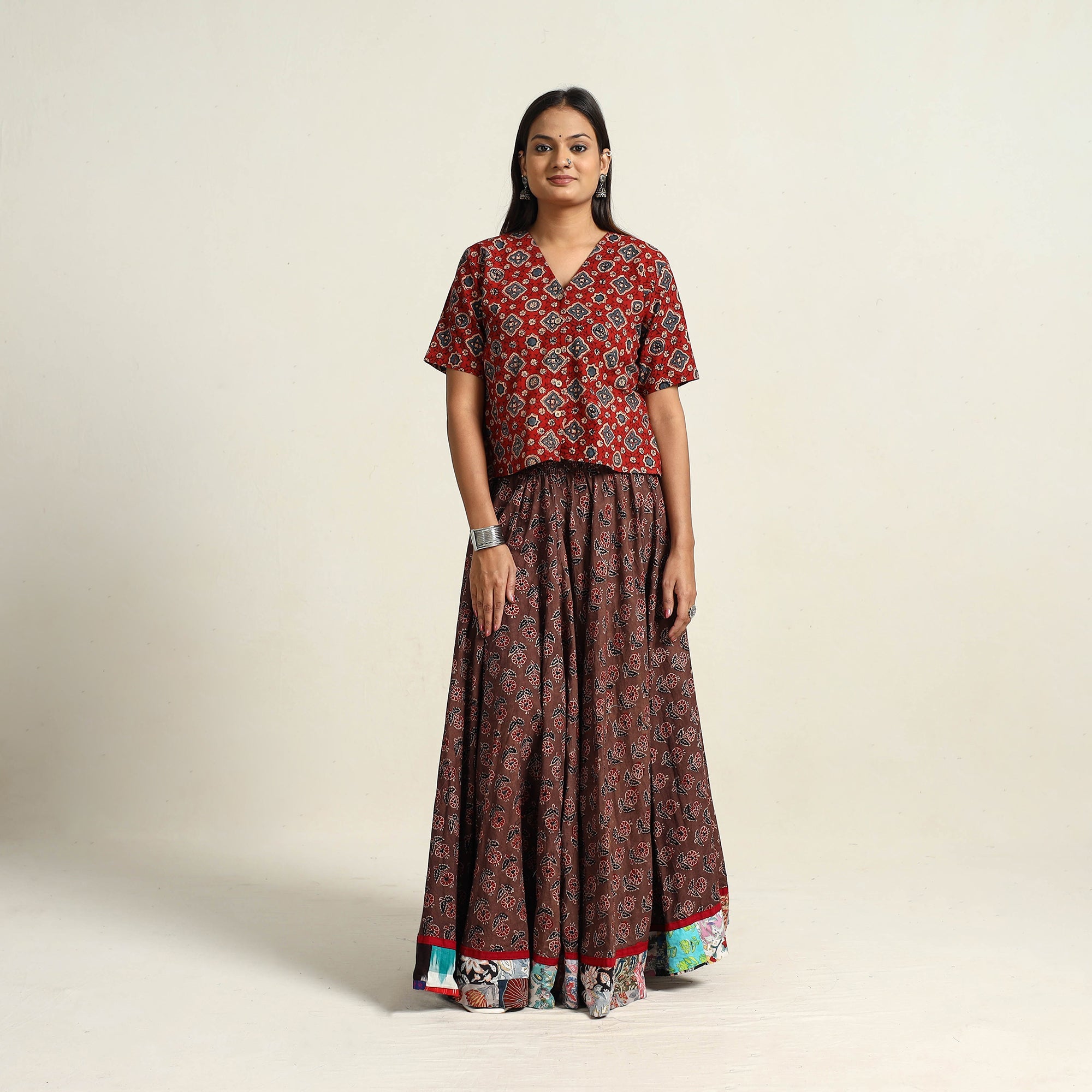 NOORI BAZAR Brown - Hand Block Printed Cotton Long Ajrakh Skirt 12 - view 2