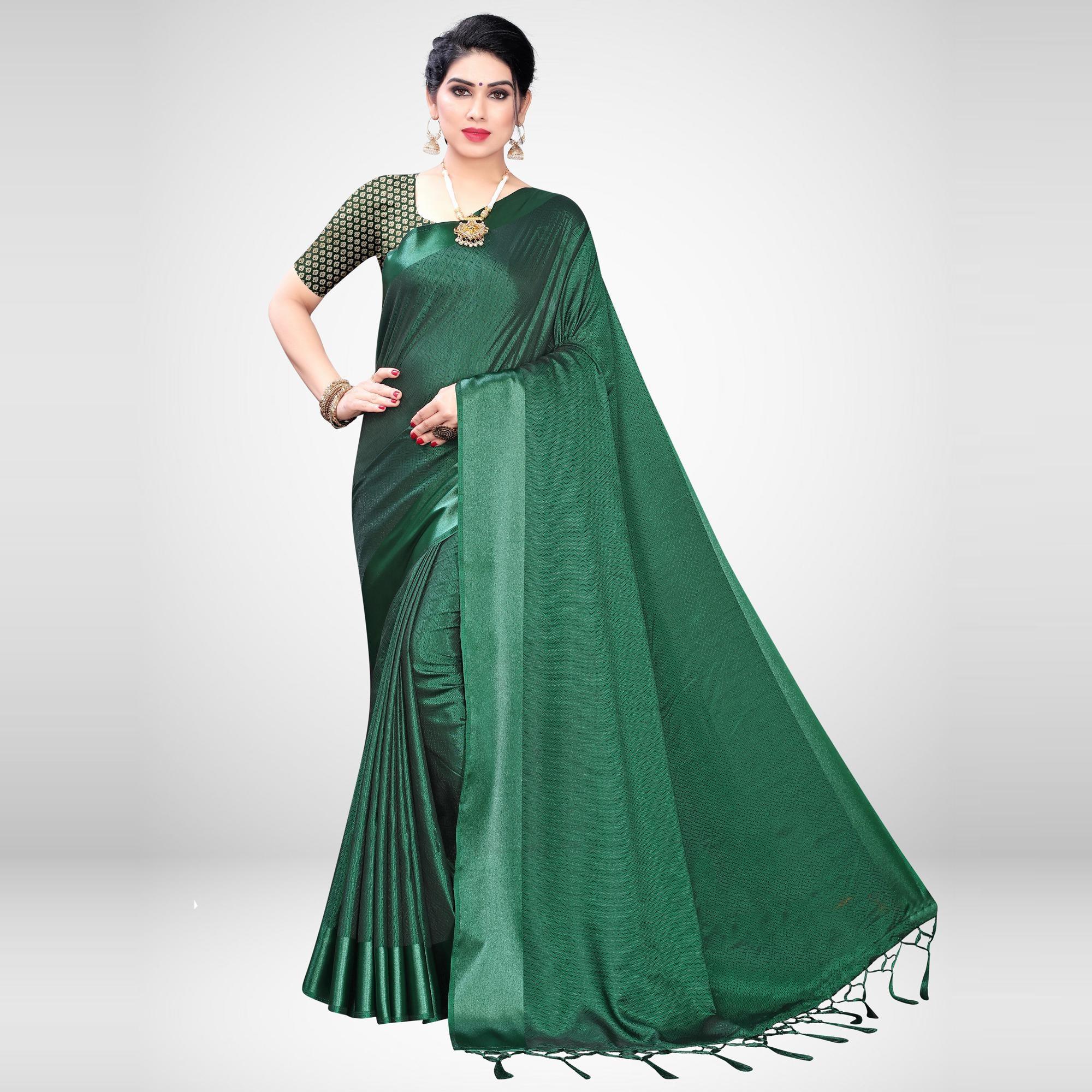 Peachmode Mesmeric Green Colored Festive Wear Woven Satin Saree