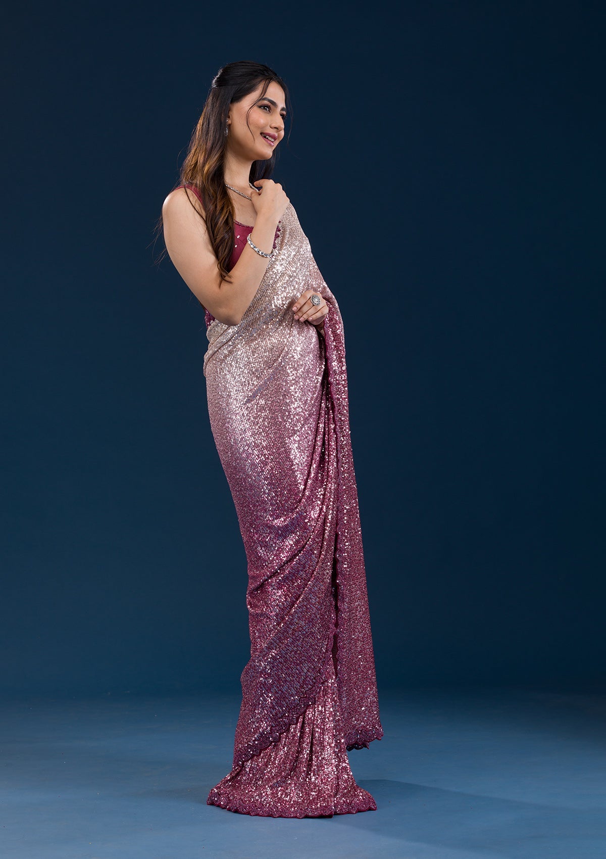 Koskii Maroon Sequins Georgette Saree – Women's - view 4
