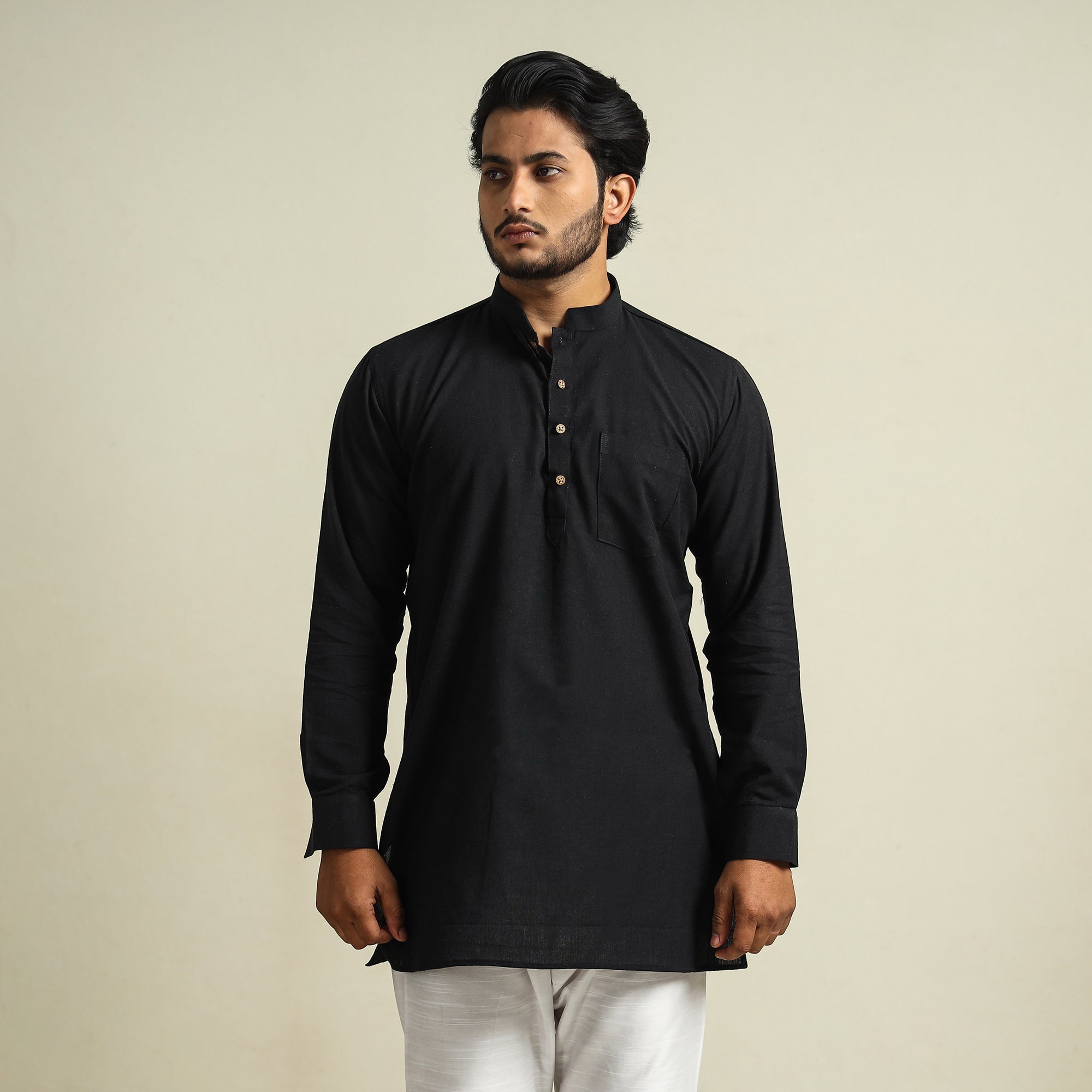 ITOKRI CASUALS Black - Plain Handloom Cotton Men Short Kurta