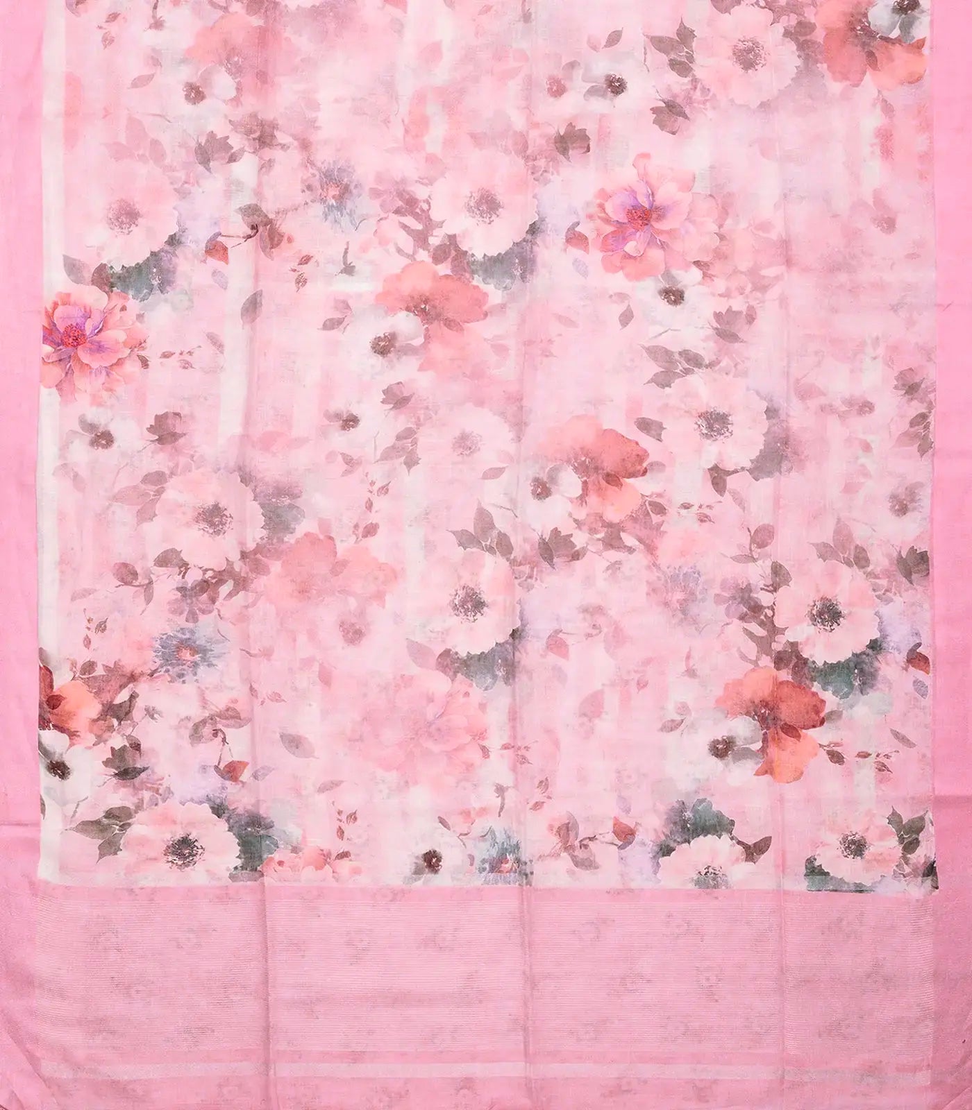 RmKV Pink Handloom Linen Saree With Printed Flowers - view 2