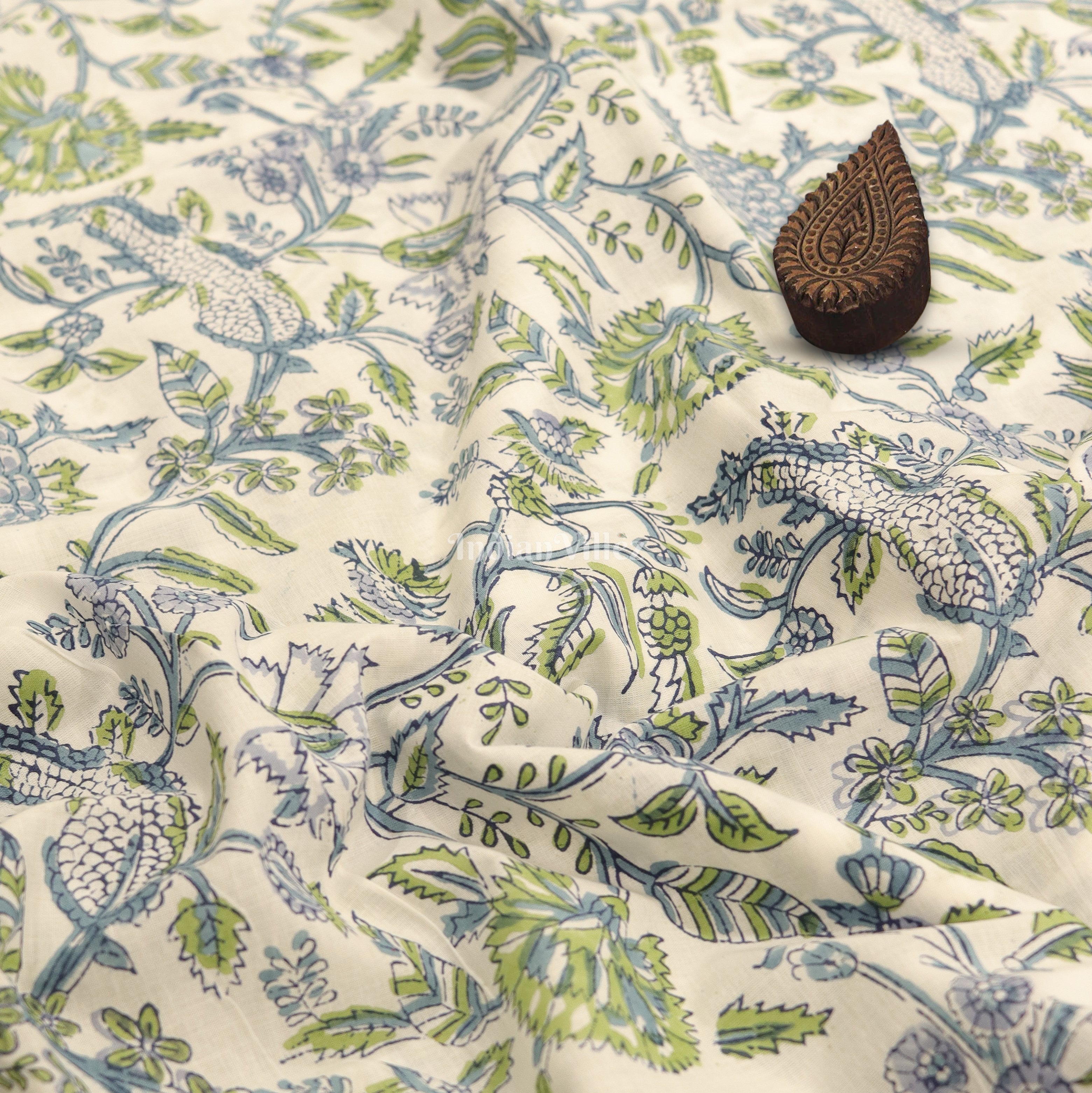 IndianVillèz White Dali Flower Motif Hand Block Printed Cotton Fabric