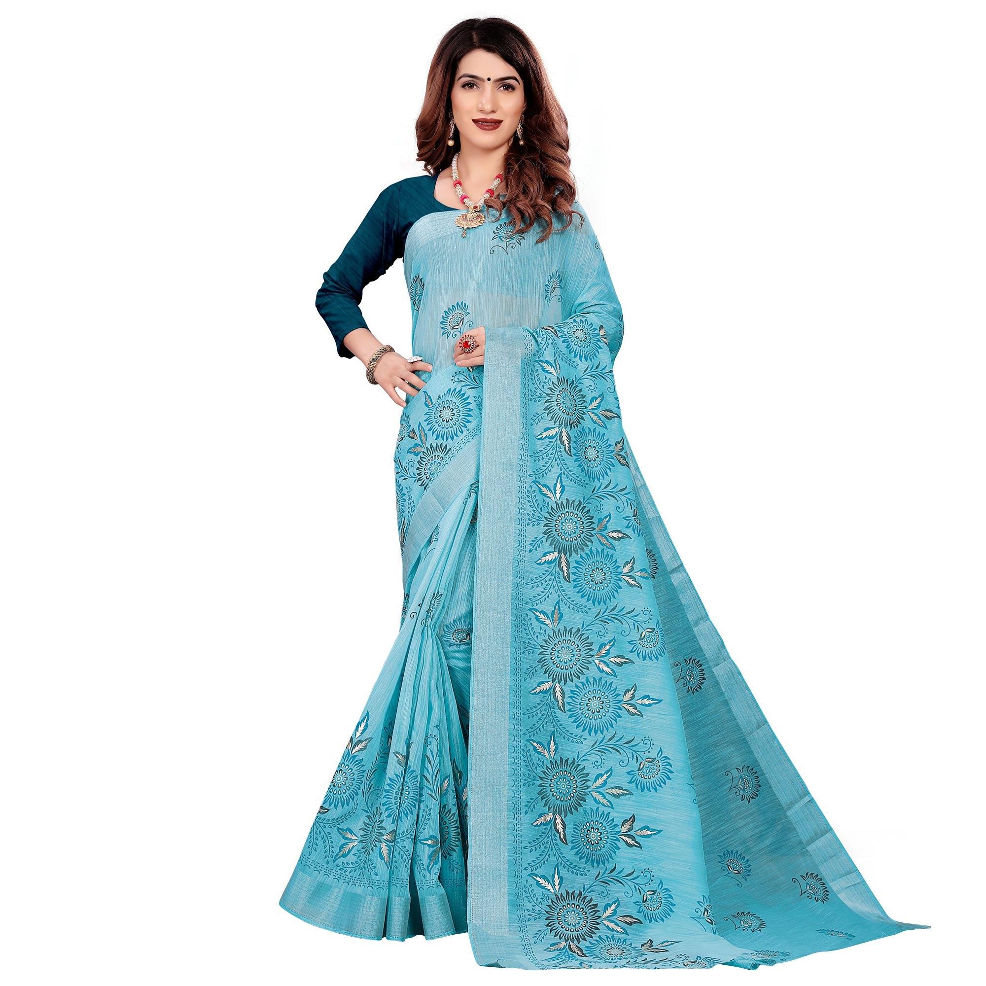 Peachmode Lovely Blue Colored Casual Wear Printed Cotton Saree