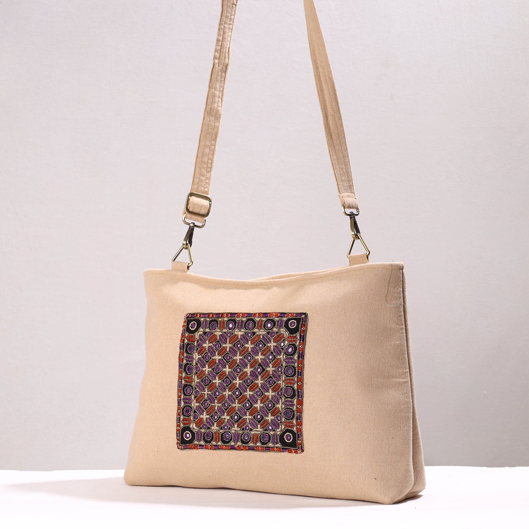 QASAB Beige - Kutch Abstract Hand Embroidery Cotton Sling Bag - view 2
