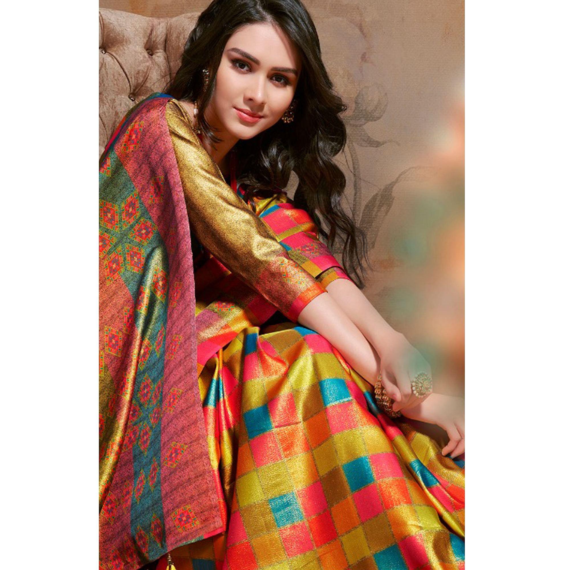 Peachmode Exotic Multi Colored Festive Wear Printed Silk Blend Saree With Tassels - view 3