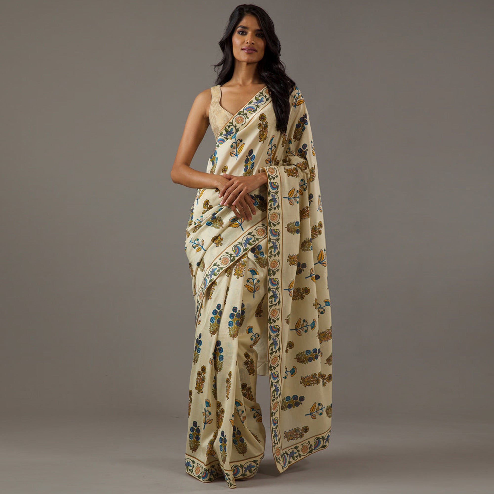 Peachmode Cream Floral Printed Chiffon Saree – Women's - view 2