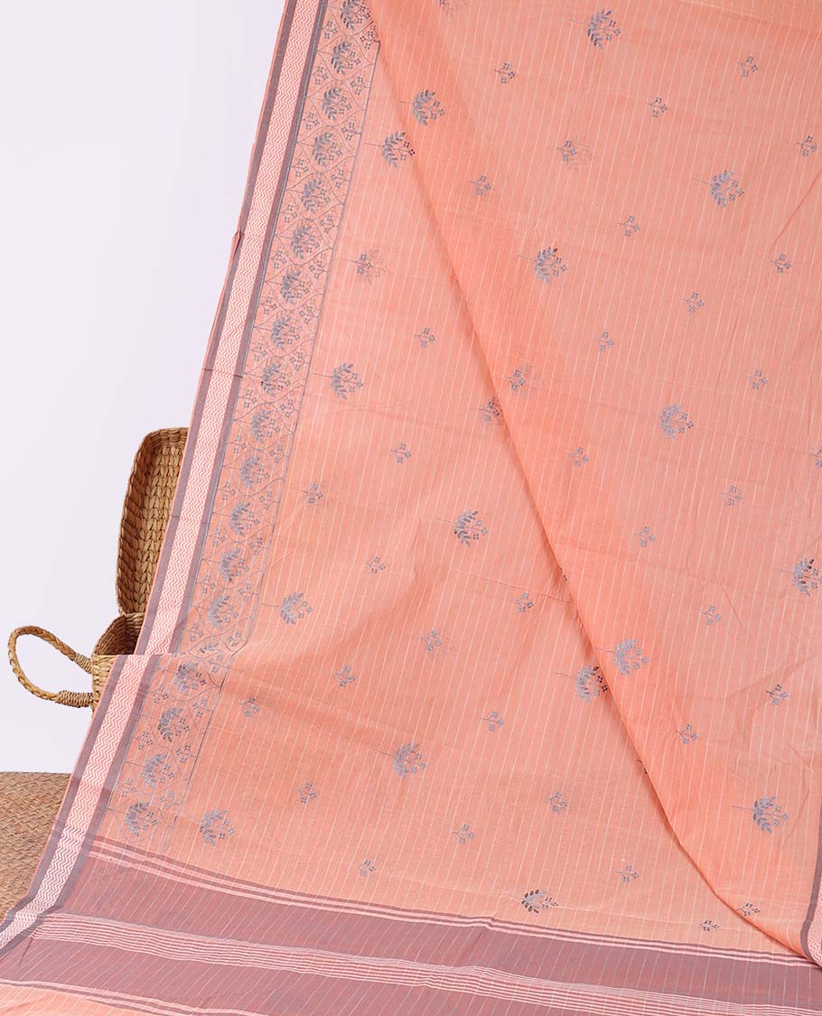 Pothys Orange stripes & thread embroidered chirala cotton saree, chevron border & pallu of stripes - view 2