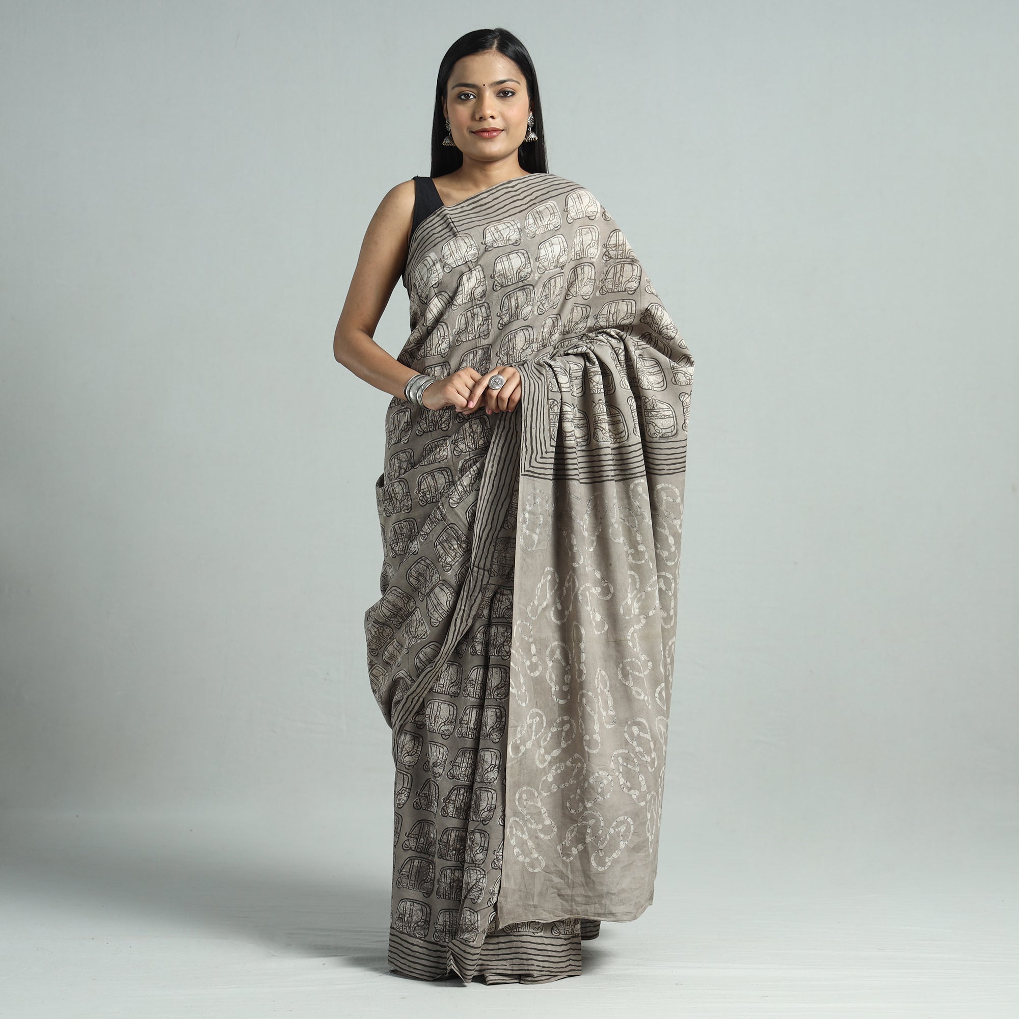 BINDAAS UNLIMITED Brown - Bindaas Art Block Printed Natural Dyed Cotton Saree 35